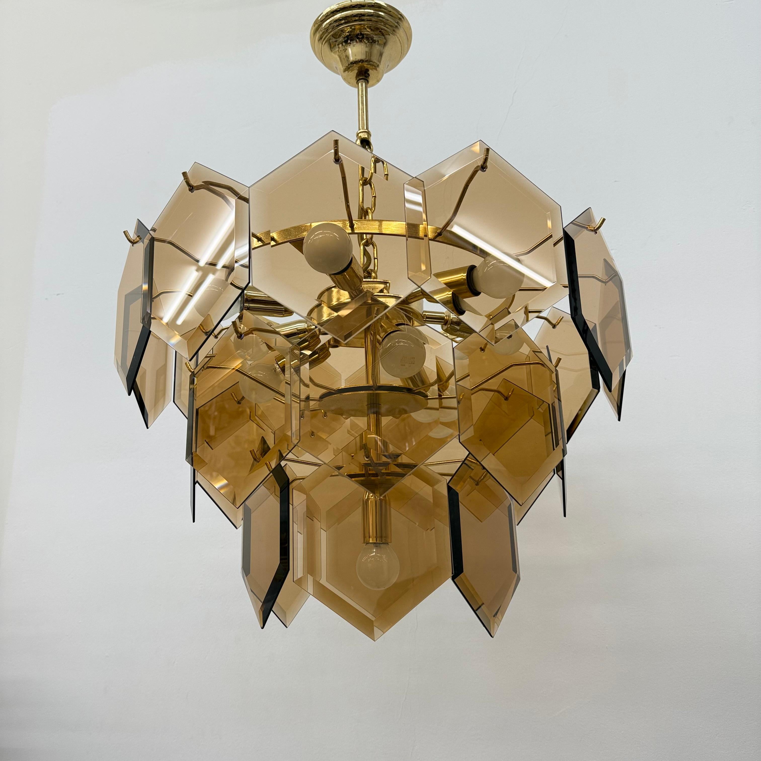 Mid century vistosi style chandelier with hexagonal smoked glass discs , 1970s 2