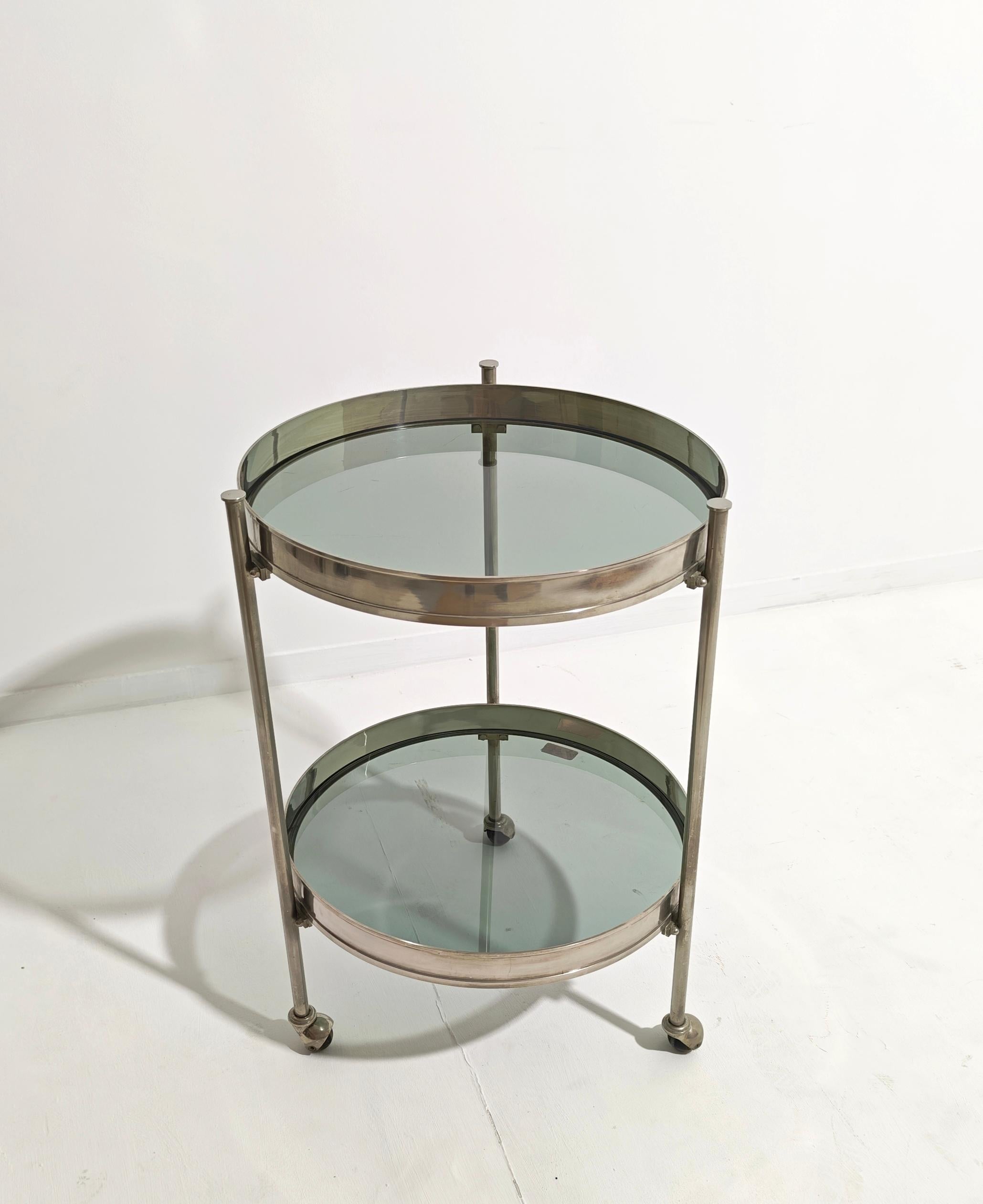 Mid-Century Vit Kellj für Binox Rolling Bar Cart Gebürstetes Messing Glas Italien 70er Jahre (Italienisch) im Angebot