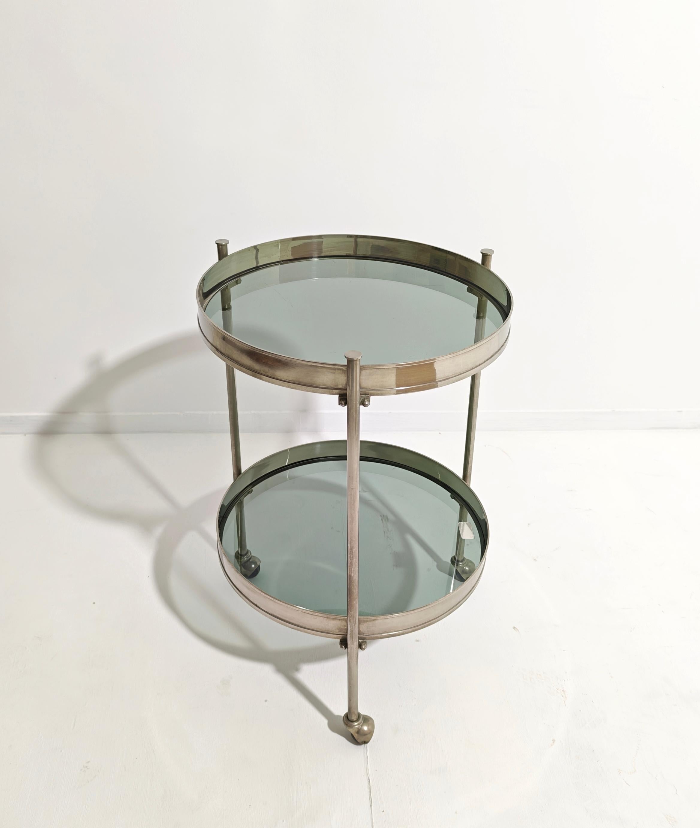 Mid-Century Vit Kellj für Binox Rolling Bar Cart Gebürstetes Messing Glas Italien 70er Jahre (20. Jahrhundert) im Angebot