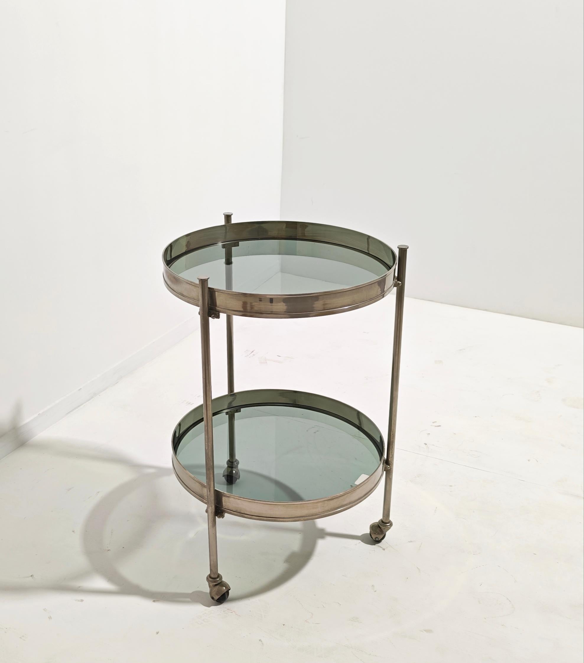 Mid-Century Vit Kellj für Binox Rolling Bar Cart Gebürstetes Messing Glas Italien 70er Jahre im Angebot 1