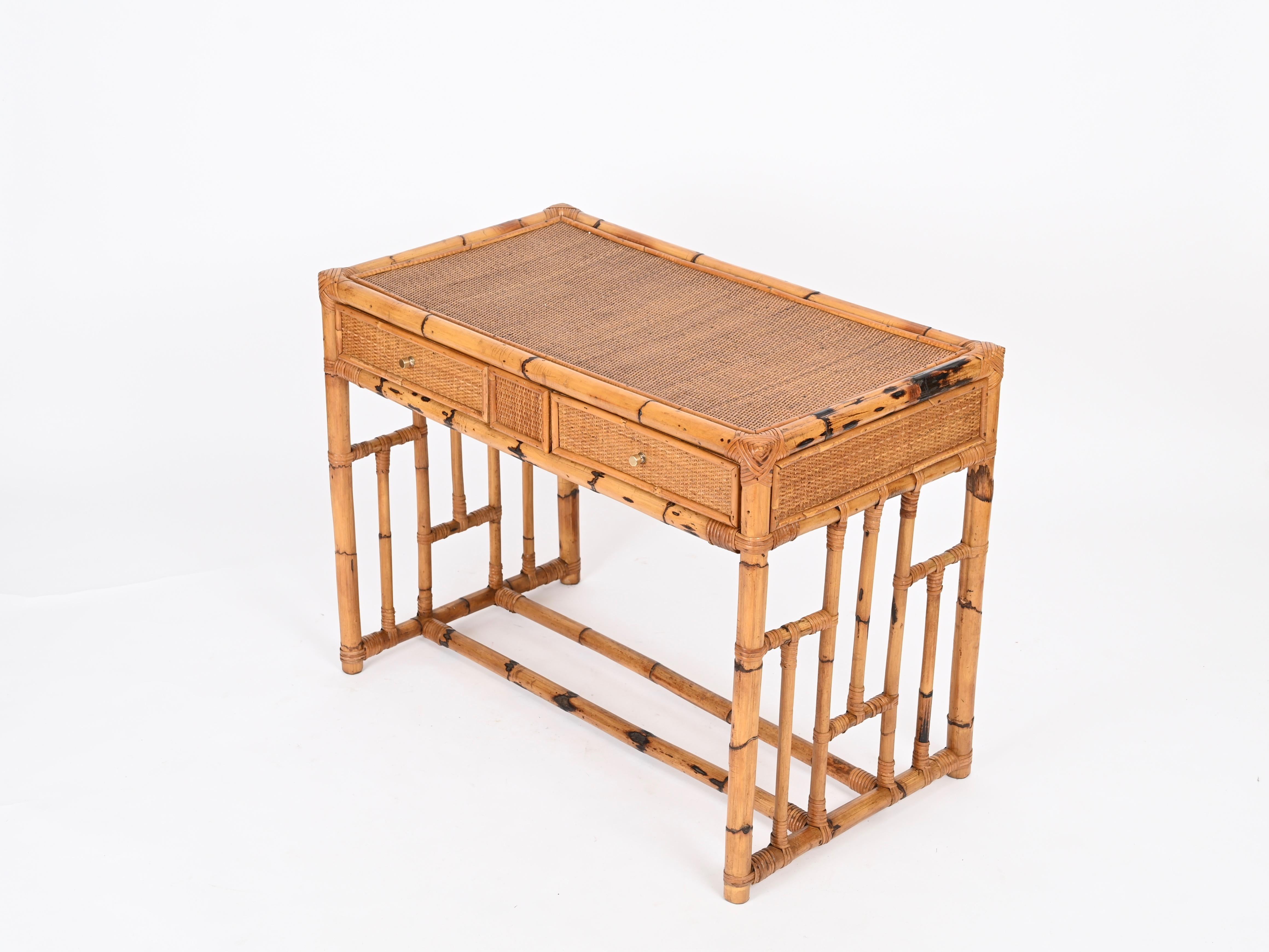 Mid-Century Vivai del Sud Desk in Bamboo, Rattan, Wicker and Brass, Italy, 1970s 4