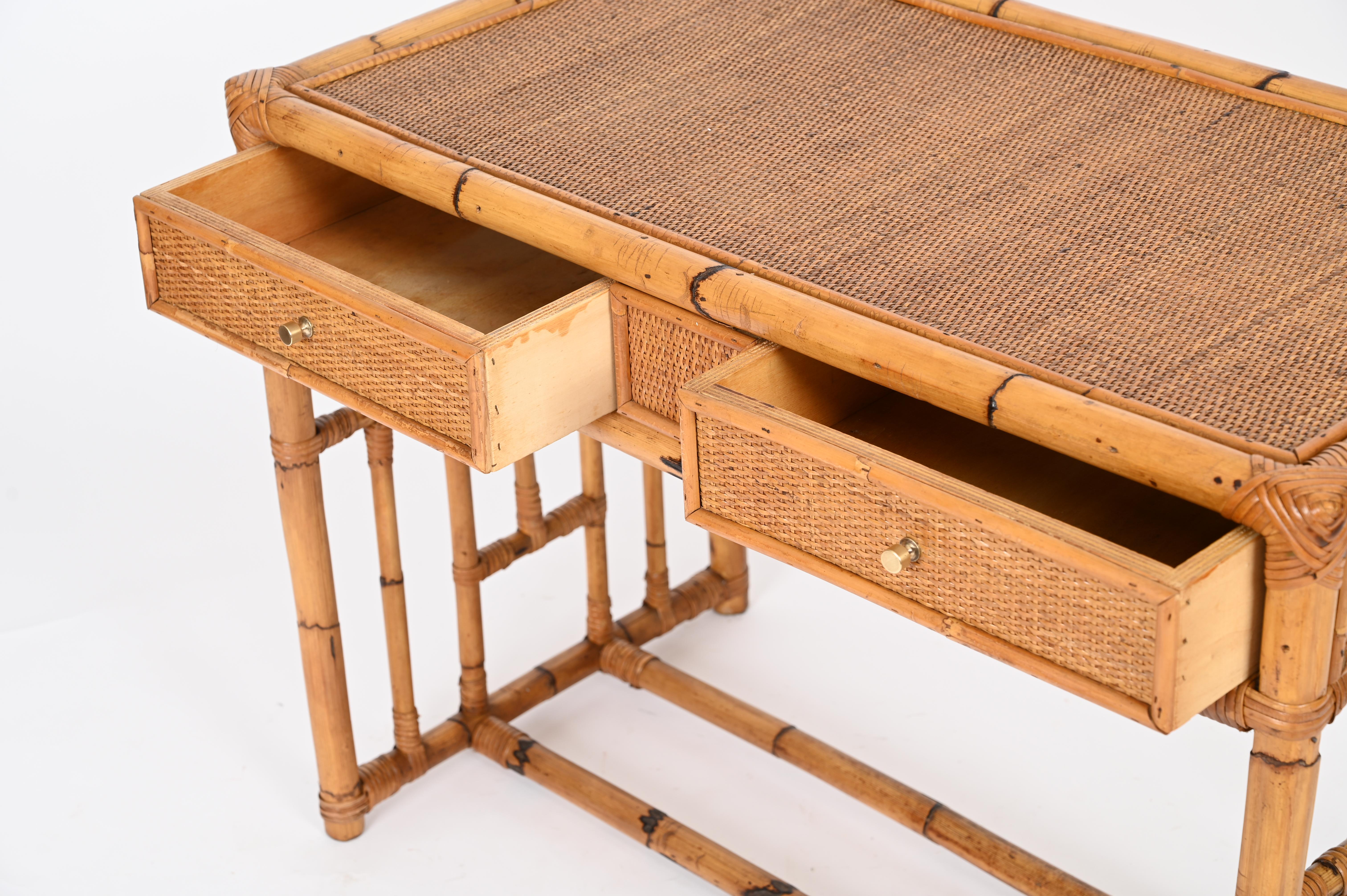 Mid-Century Vivai del Sud Desk in Bamboo, Rattan, Wicker and Brass, Italy, 1970s 5