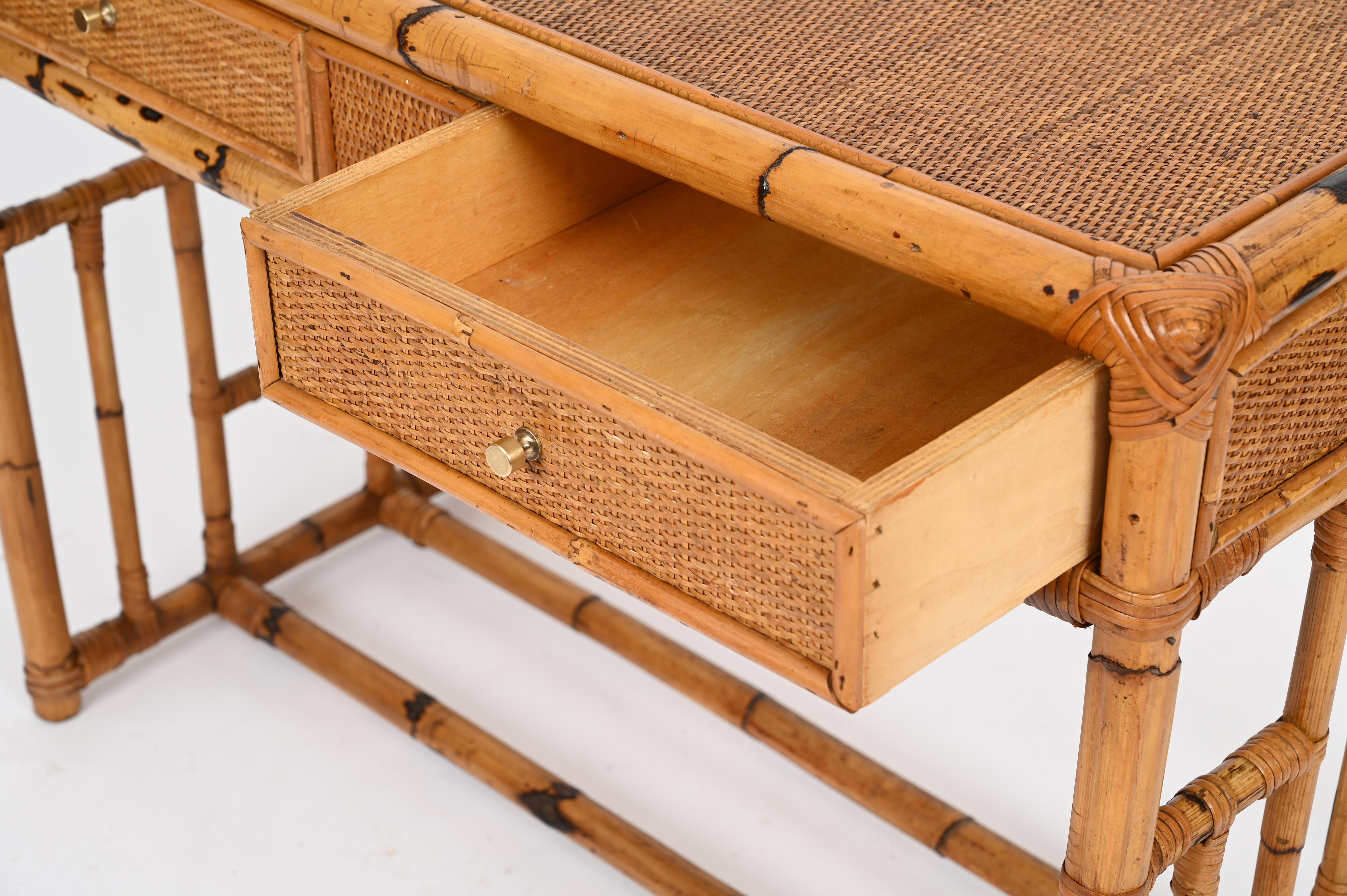 Mid-Century Vivai del Sud Desk in Bamboo, Rattan, Wicker and Brass, Italy, 1970s 6