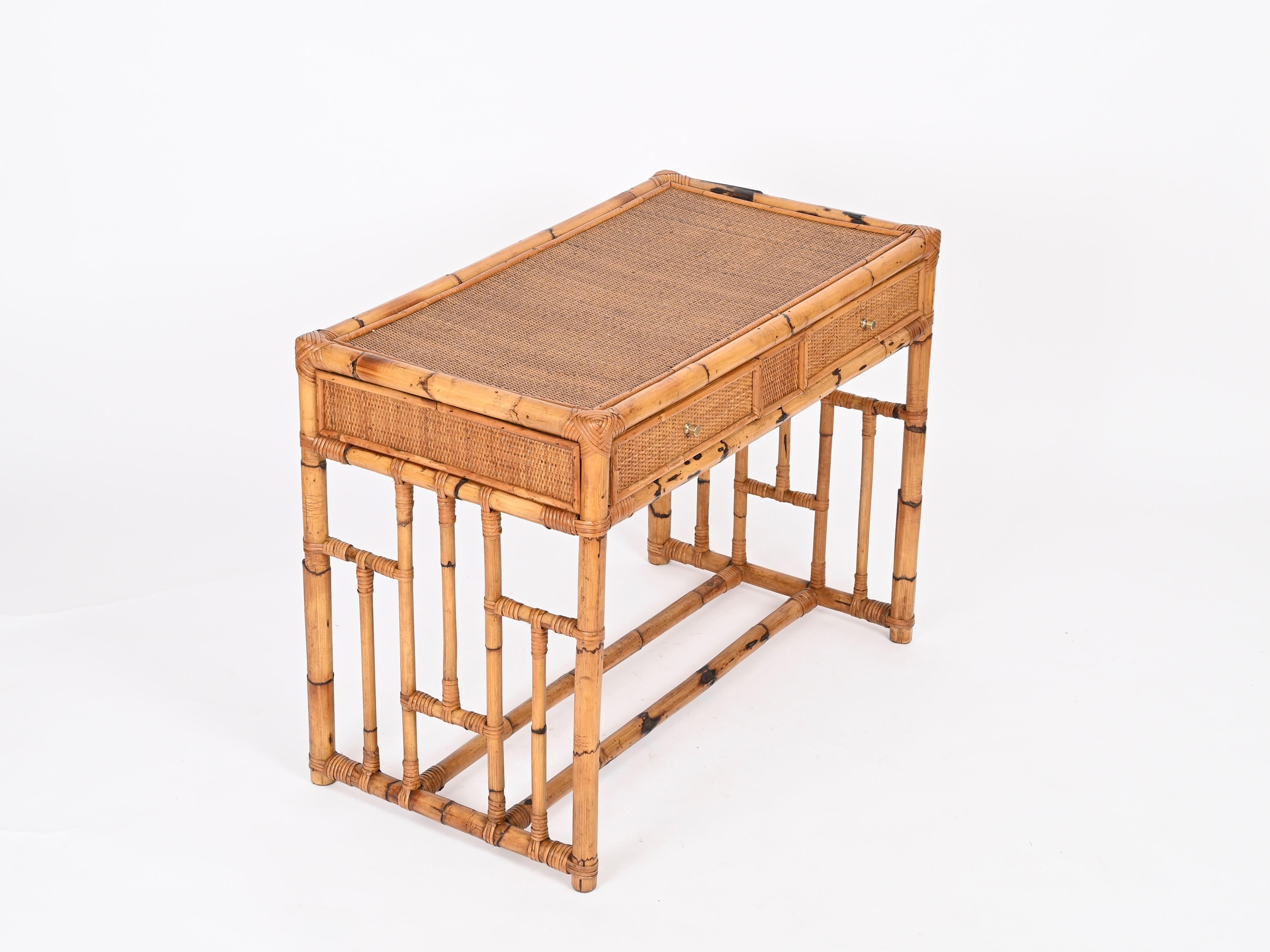 Italian Mid-Century Vivai del Sud Desk in Bamboo, Rattan, Wicker and Brass, Italy, 1970s