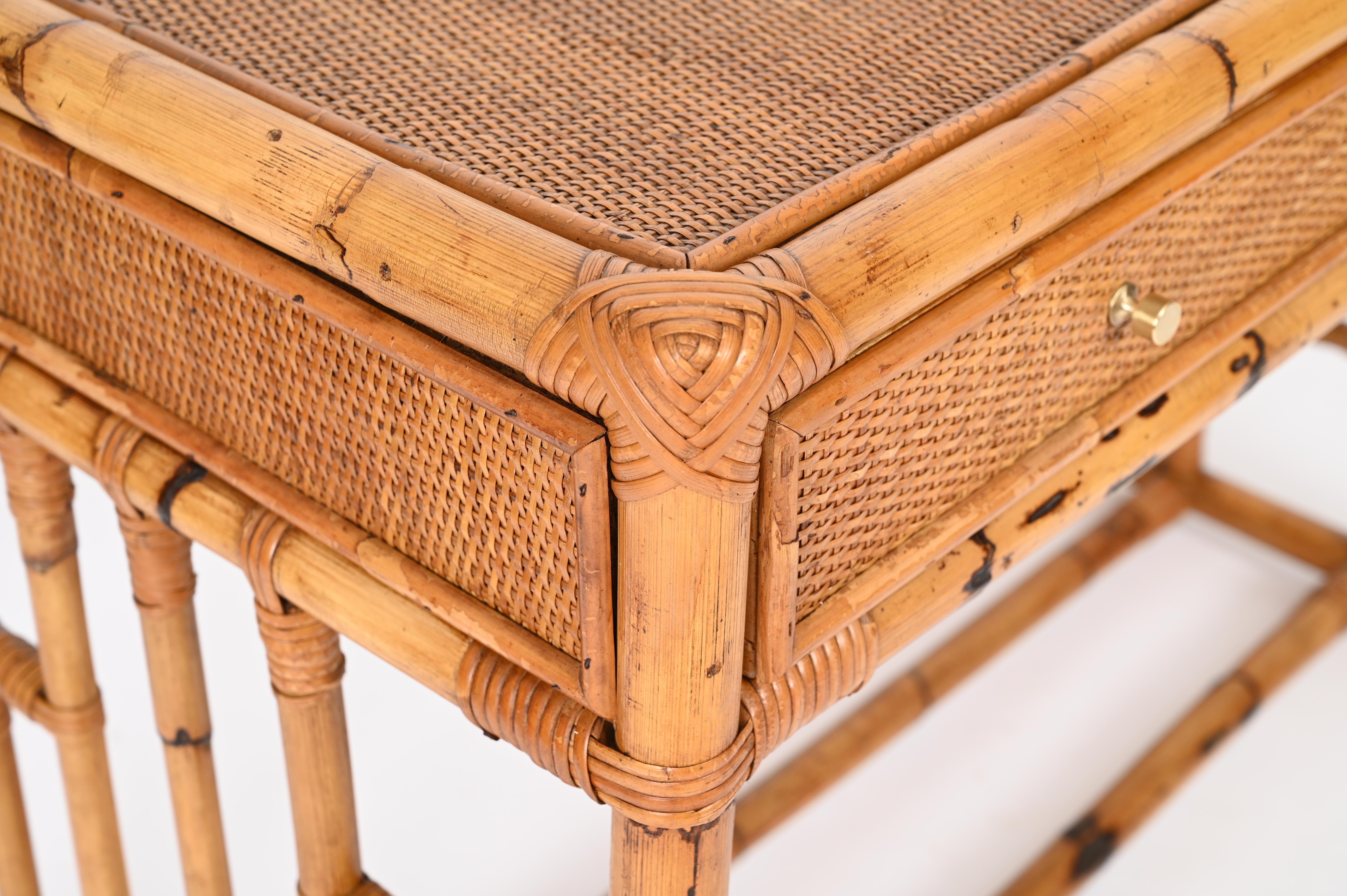 Hand-Crafted Mid-Century Vivai del Sud Desk in Bamboo, Rattan, Wicker and Brass, Italy, 1970s
