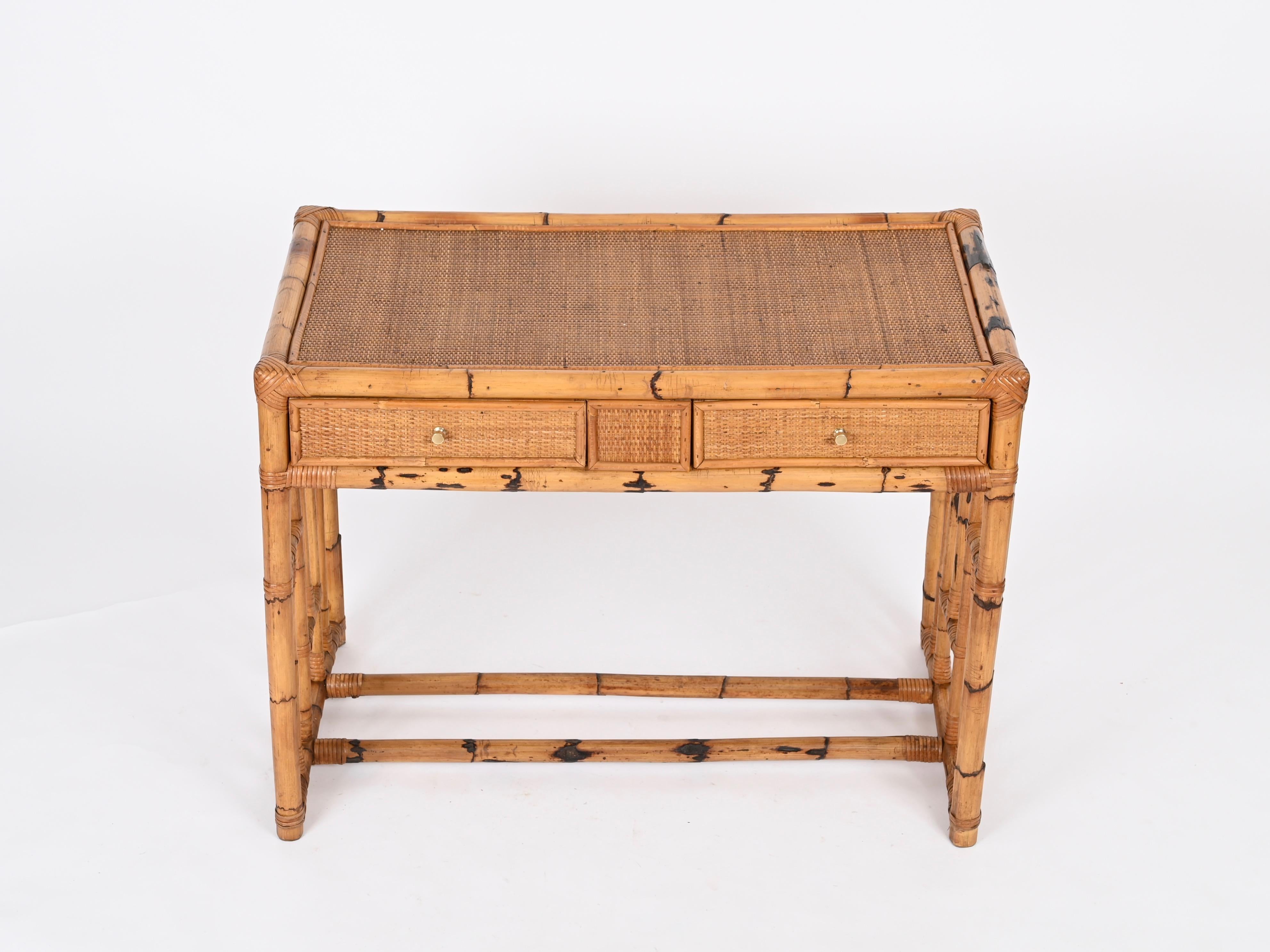 Mid-Century Vivai del Sud Desk in Bamboo, Rattan, Wicker and Brass, Italy, 1970s In Good Condition In Roma, IT