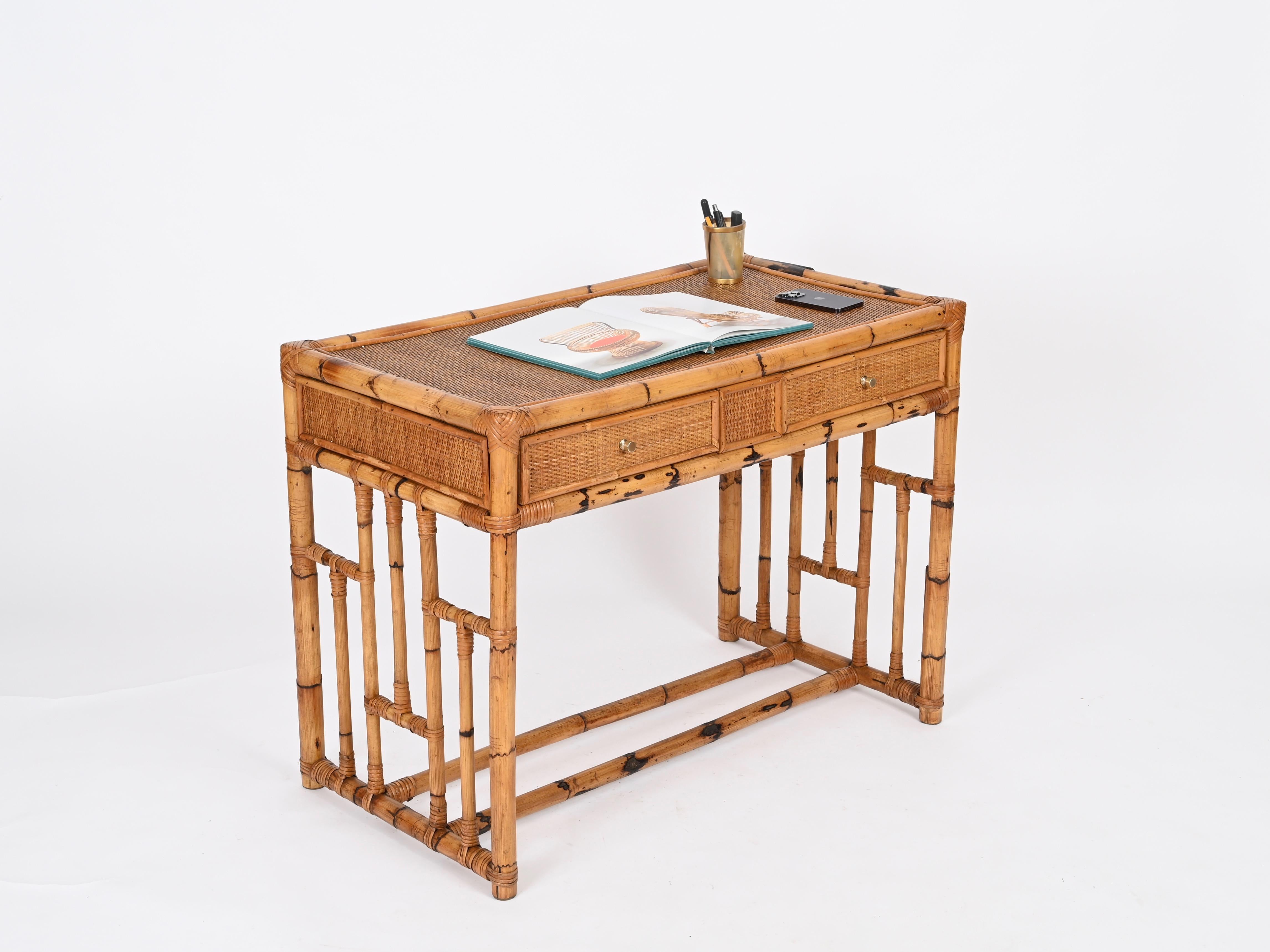 20th Century Mid-Century Vivai del Sud Desk in Bamboo, Rattan, Wicker and Brass, Italy, 1970s