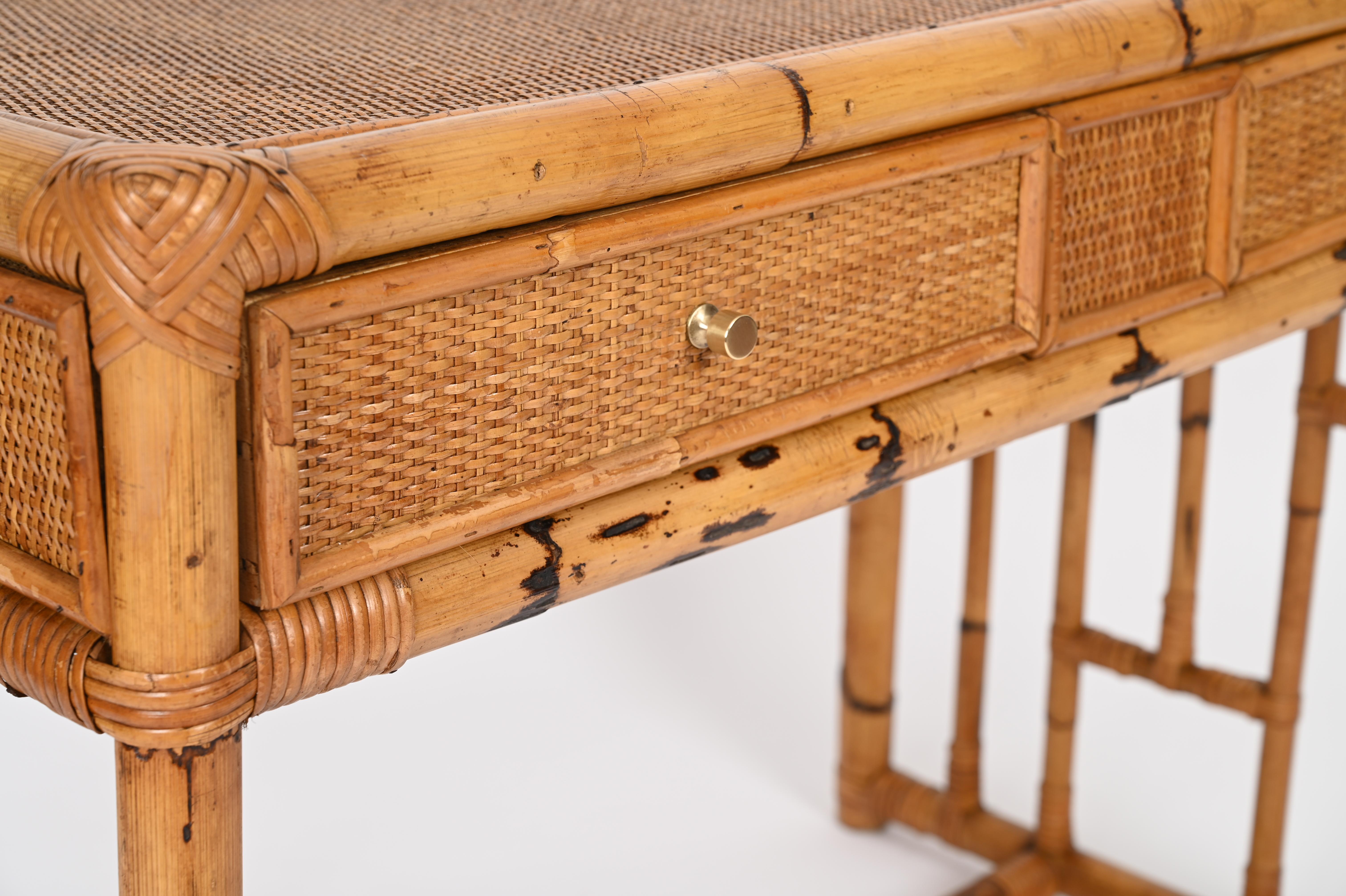 Mid-Century Vivai del Sud Desk in Bamboo, Rattan, Wicker and Brass, Italy, 1970s 2