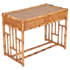 Mid-Century Vivai del Sud Desk in Bamboo, Rattan, Wicker and Brass, Italy, 1970s