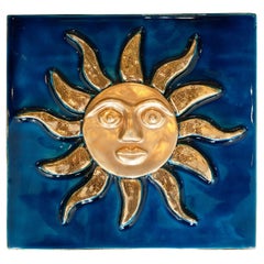 Mid Century Vivid Blue Ceramic Box with Golden Sun by Mithé Espelt