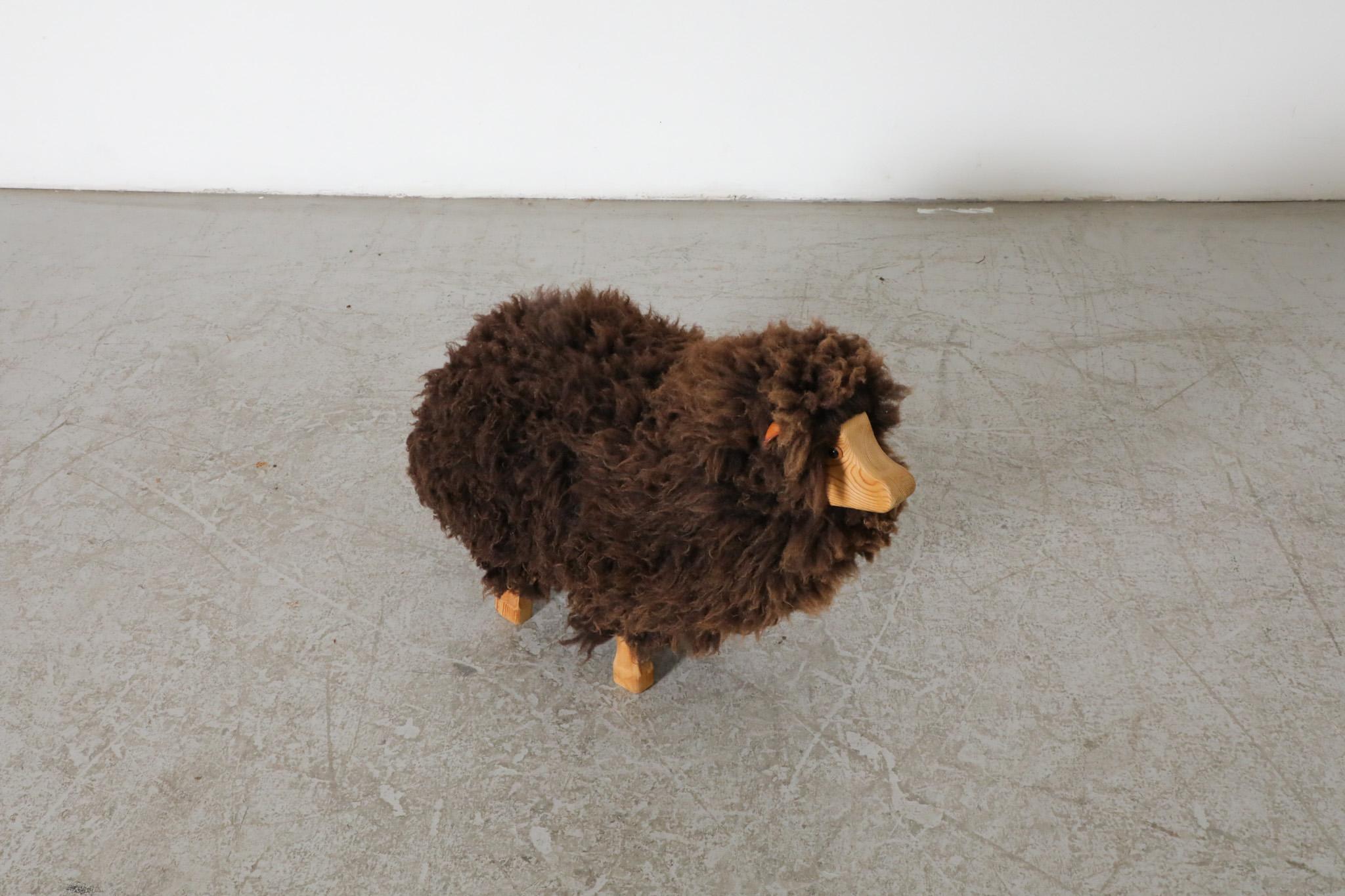 Mid-Century, Waldorf Wooden Sheep with Brown Sheep Fur For Sale 3