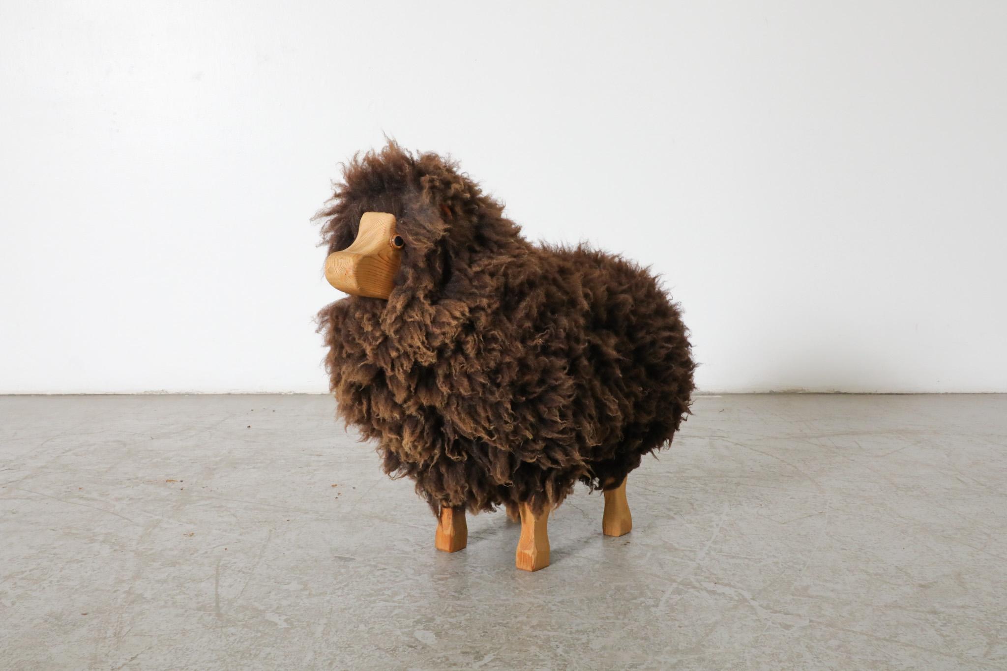 Mid-Century, Waldorf Wooden Sheep with Brown Sheep Fur For Sale 4