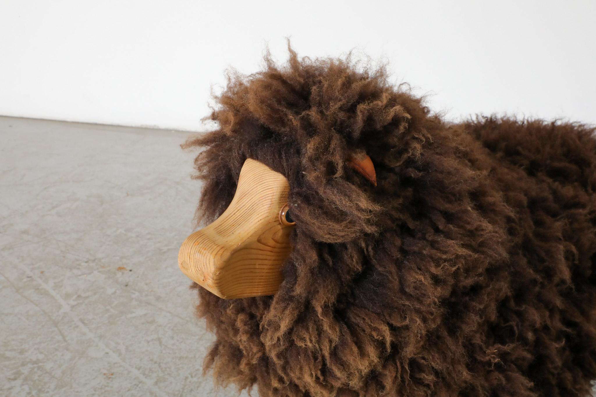 Mid-Century, Waldorf Wooden Sheep with Brown Sheep Fur For Sale 5