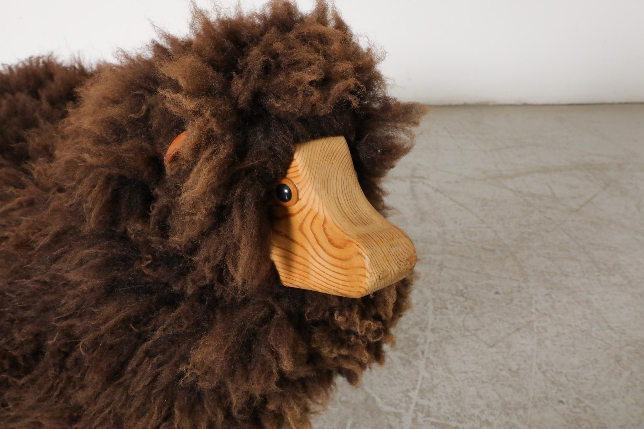 Mid-Century, Waldorf Wooden Sheep with Brown Sheep Fur For Sale 6