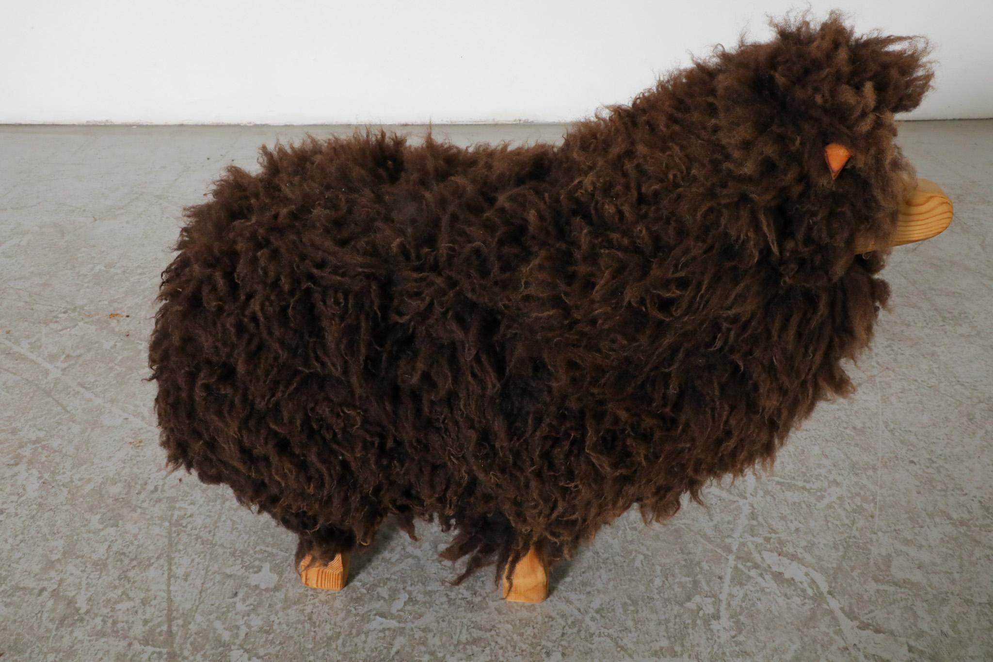 Mid-Century, Waldorf Wooden Sheep with Brown Sheep Fur For Sale 7