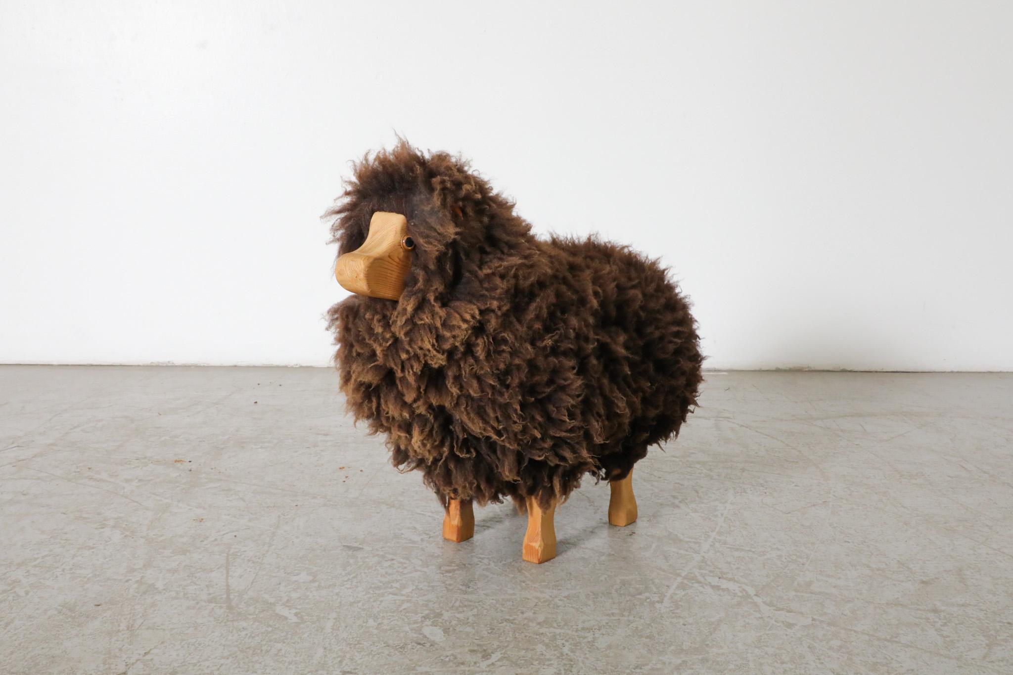 Mid-Century, Waldorf Wooden Sheep with Brown Sheep Fur For Sale 10
