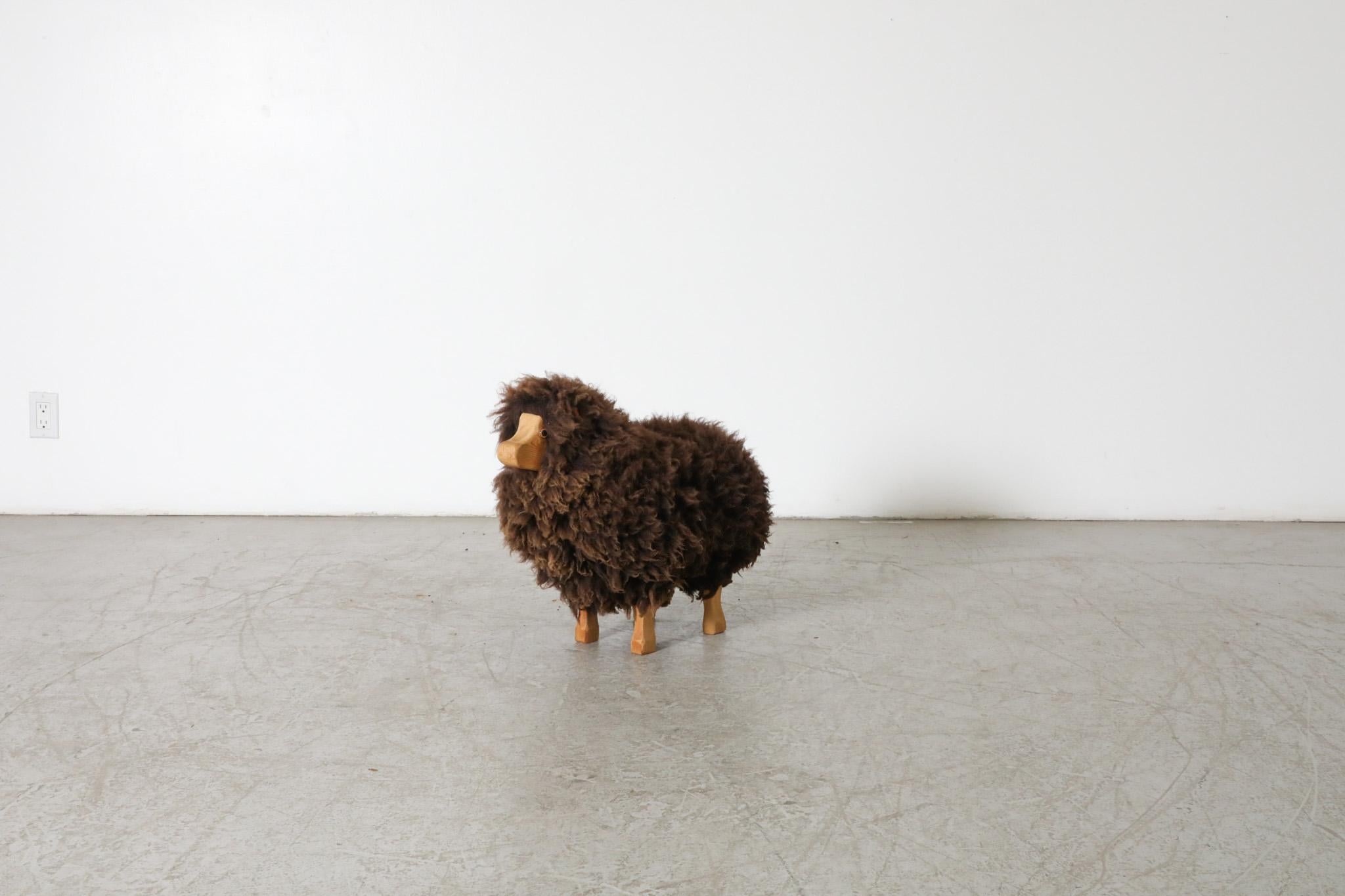 Mid-Century Modern Mid-Century, Waldorf Wooden Sheep with Brown Sheep Fur For Sale