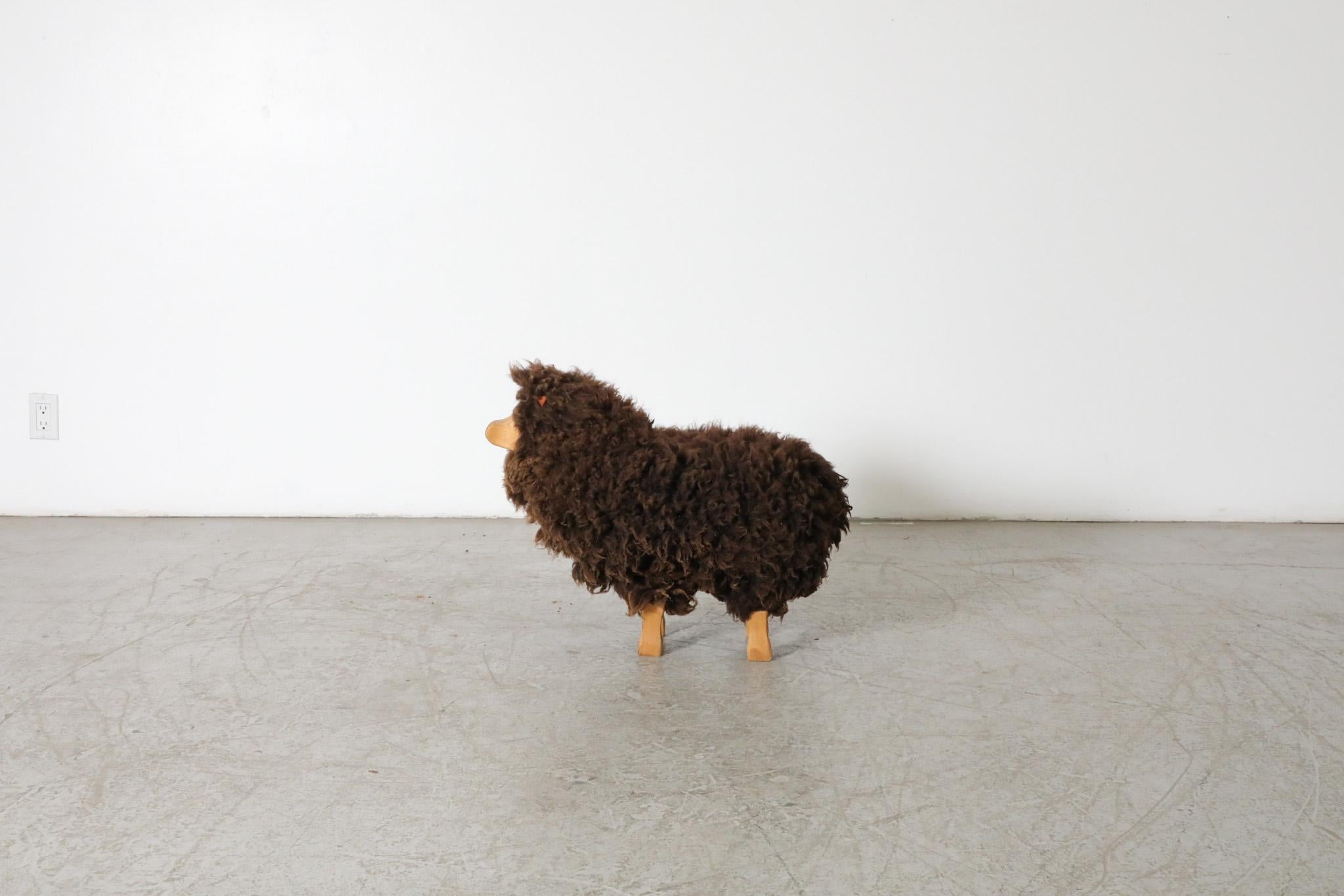German Mid-Century, Waldorf Wooden Sheep with Brown Sheep Fur For Sale