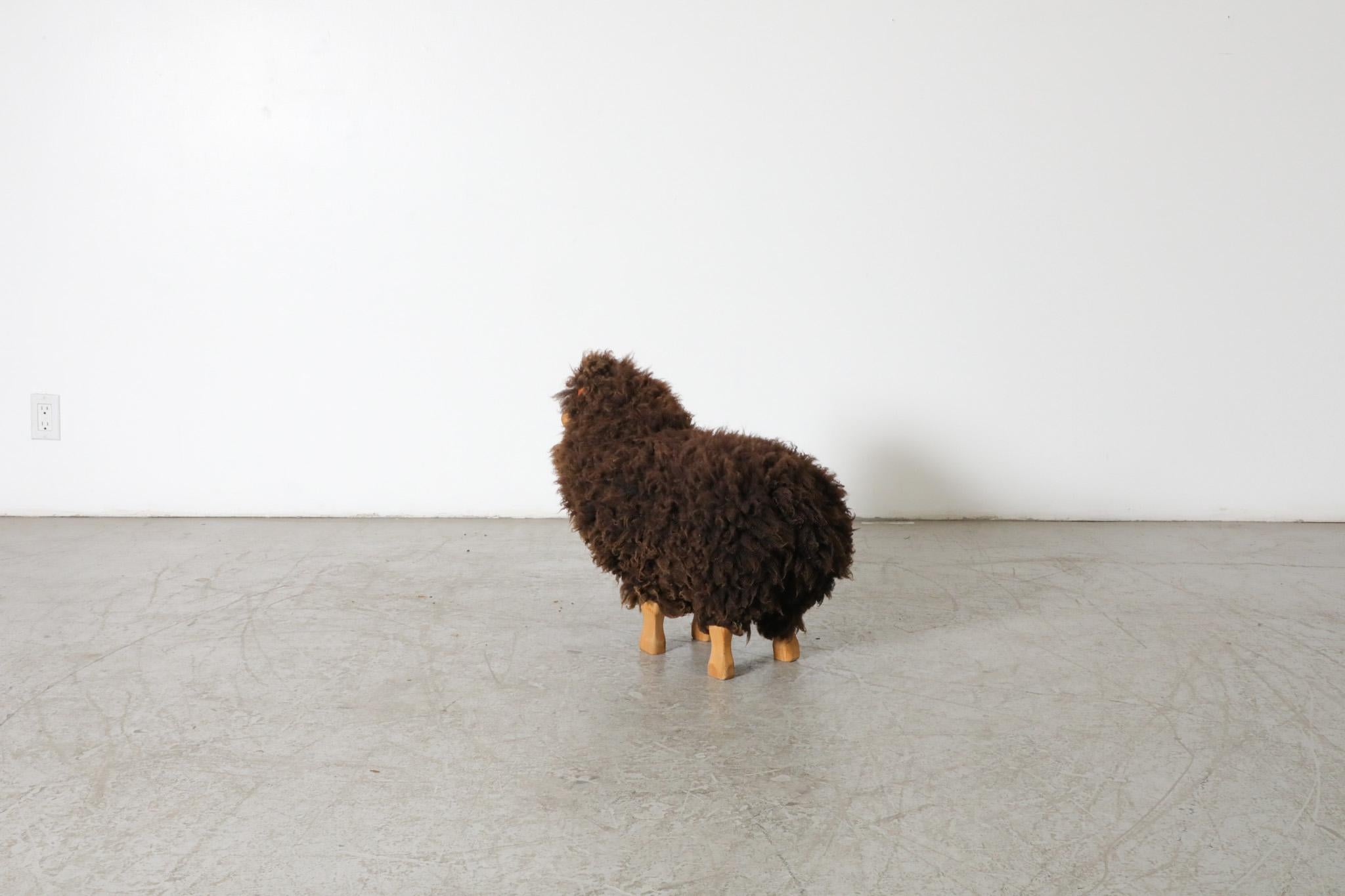 Mid-Century, Waldorf Wooden Sheep with Brown Sheep Fur In Good Condition For Sale In Los Angeles, CA