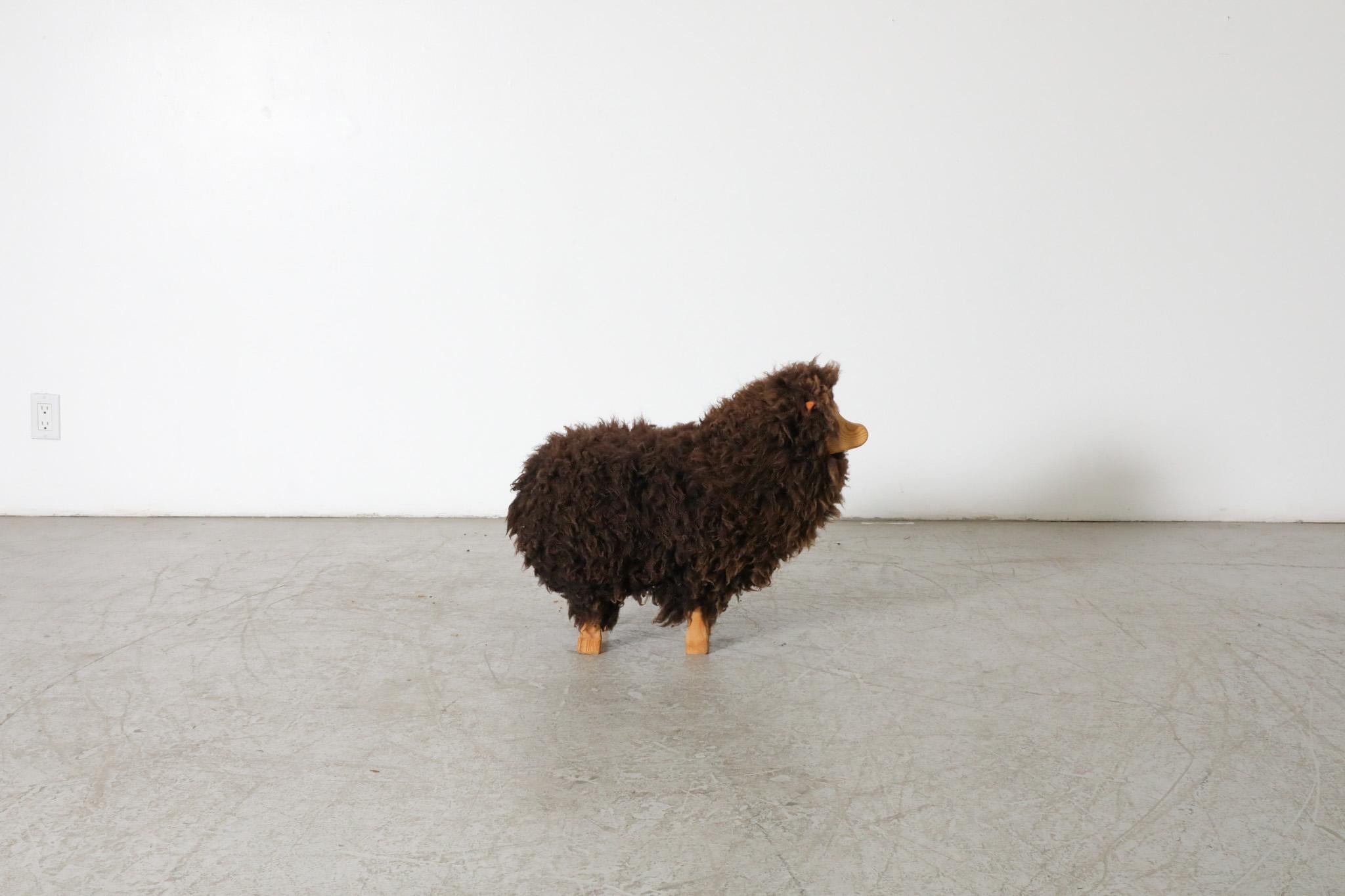 Sheepskin Mid-Century, Waldorf Wooden Sheep with Brown Sheep Fur For Sale