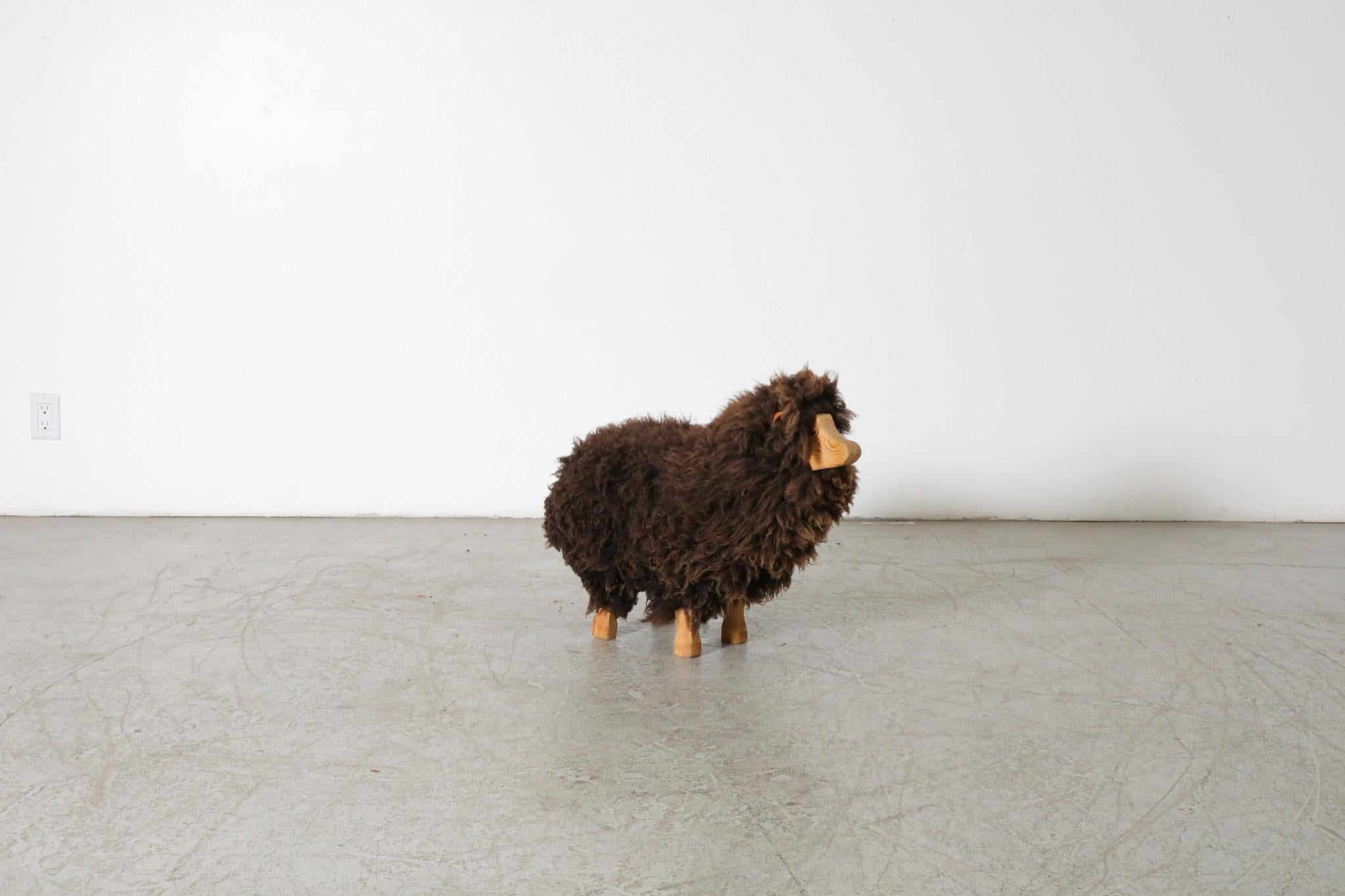 Mid-Century, Waldorf Wooden Sheep with Brown Sheep Fur For Sale 1