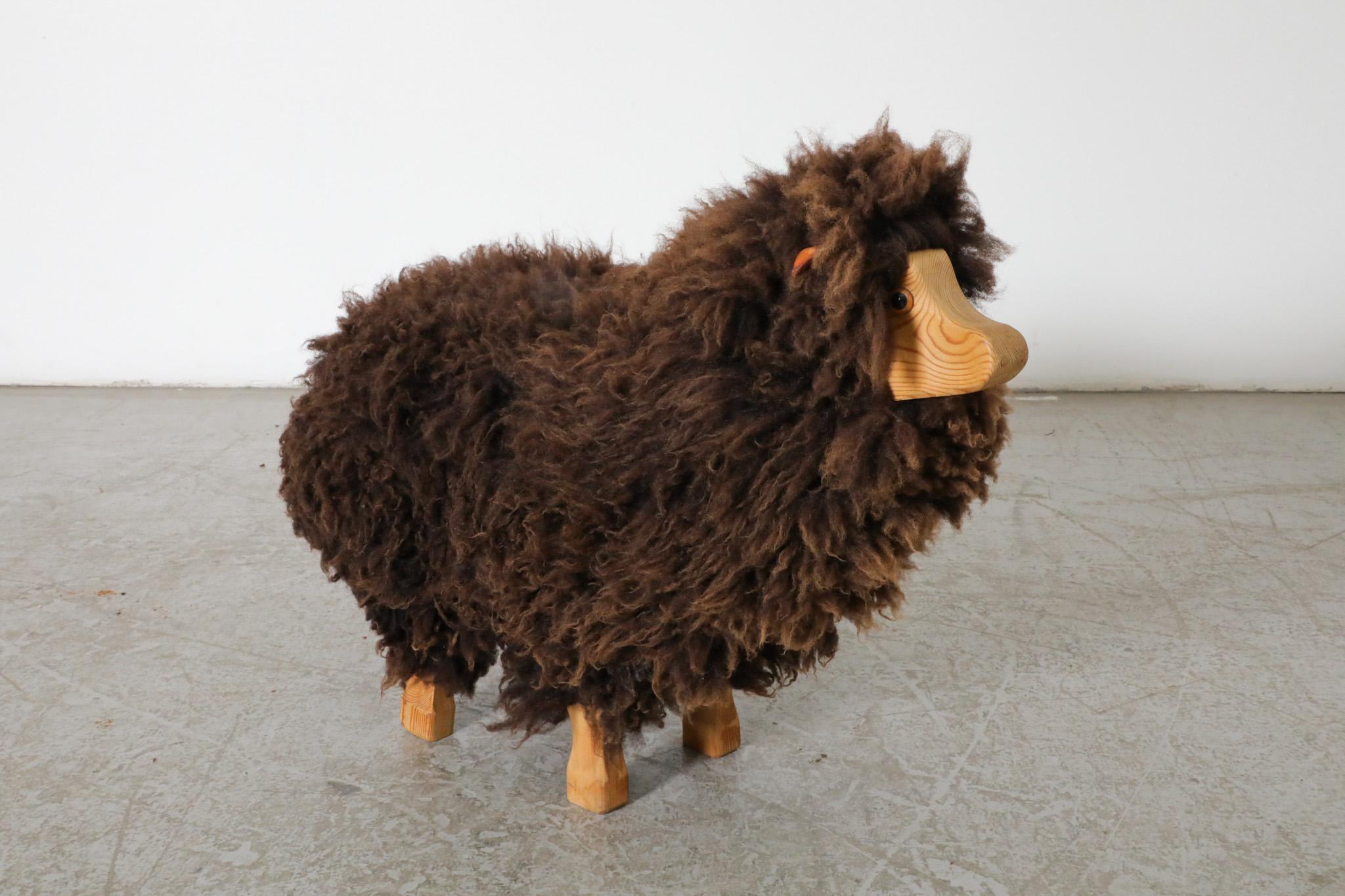Mid-Century, Waldorf Wooden Sheep with Brown Sheep Fur For Sale 2