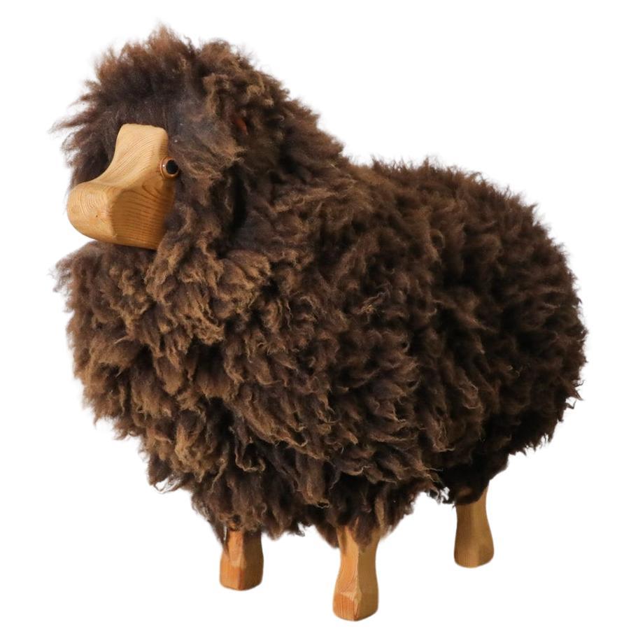 Mid-Century, Waldorf Wooden Sheep with Brown Sheep Fur For Sale