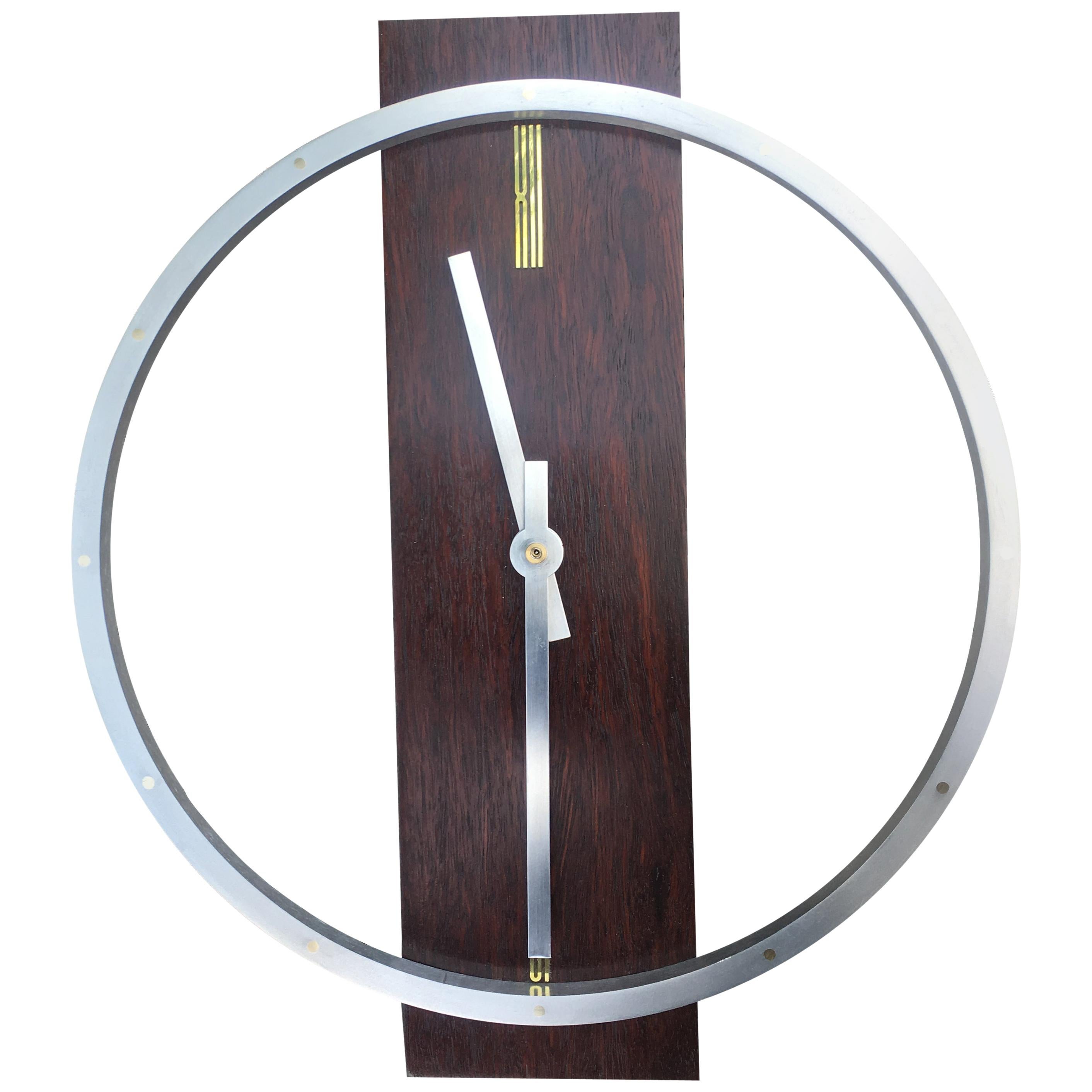 Midcentury Wall Clock in Hardwood, Aluminum and Brass