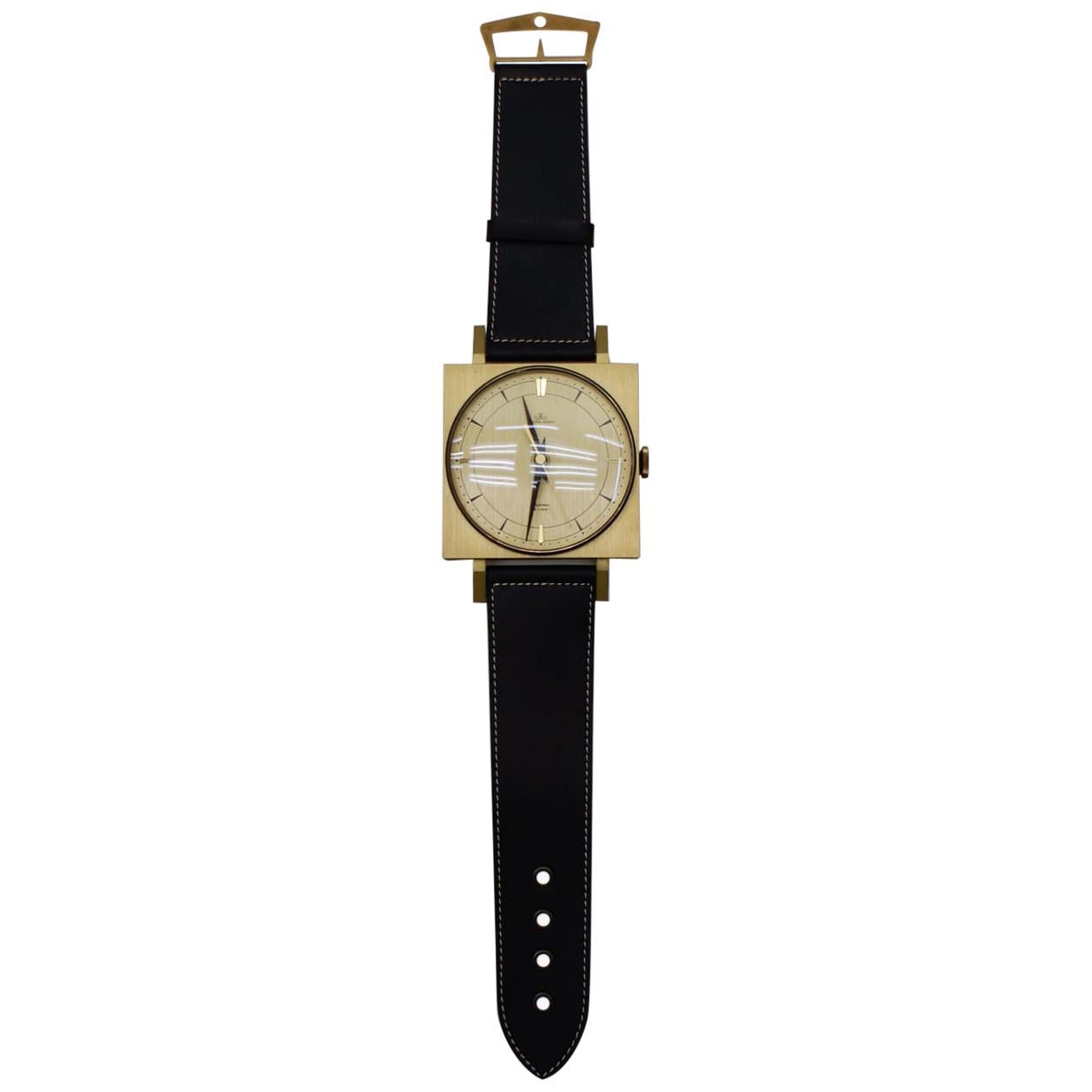 Midcentury Wall Clock in the Form of a Wristwatch in Leather and Brass, Germany For Sale