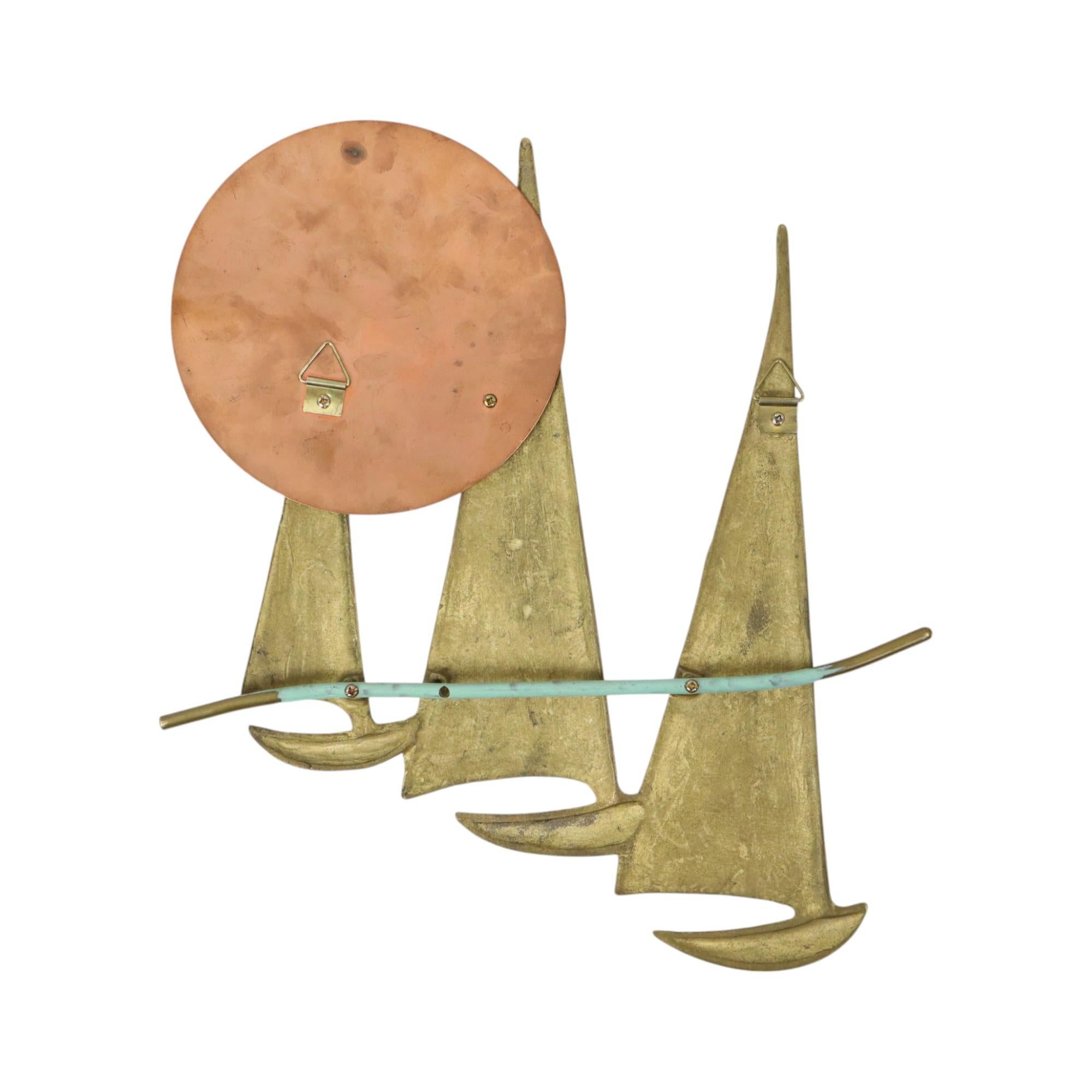 Mid Century Wall Decoration Boats with Sun Brass and Red Copper For Sale 5