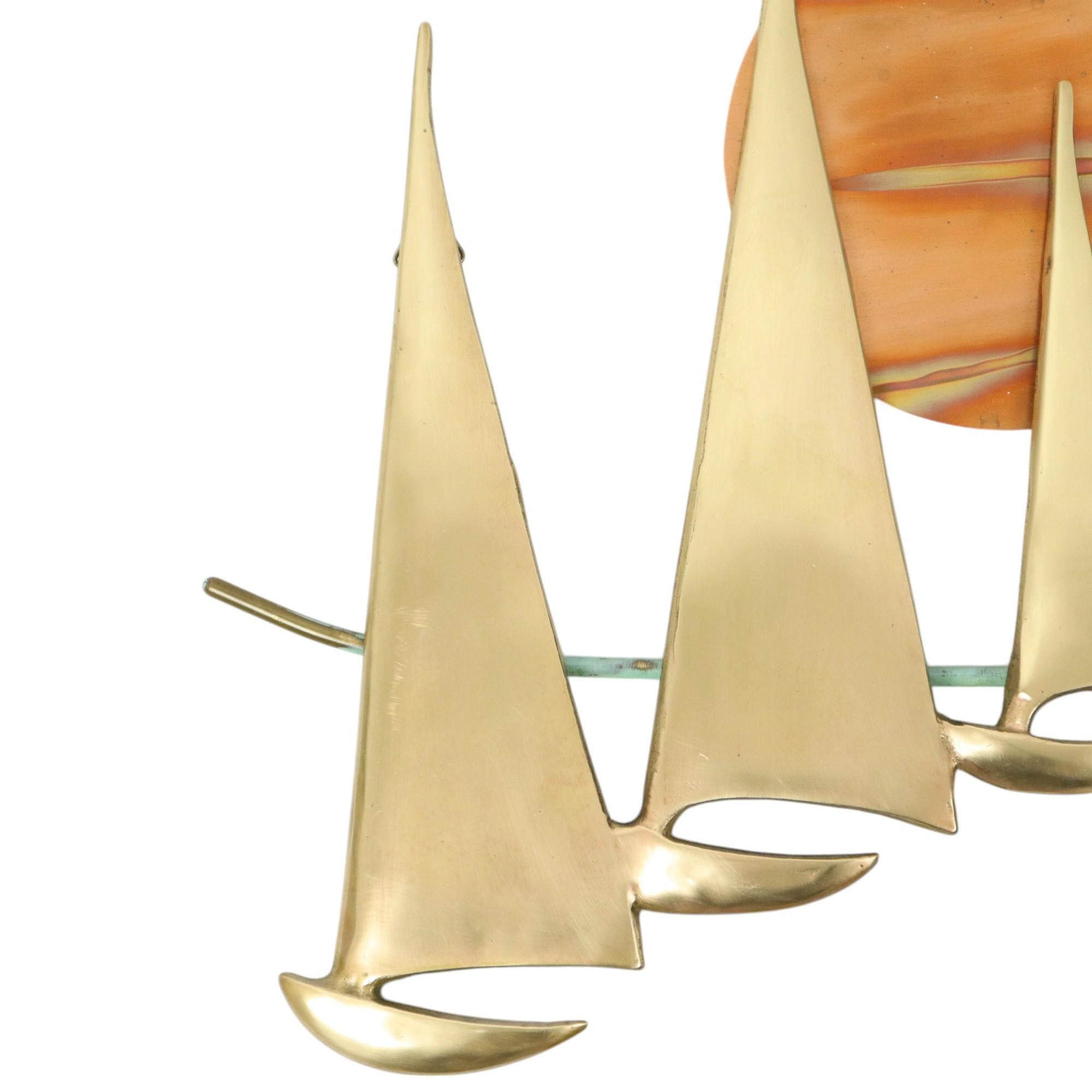 European Mid Century Wall Decoration Boats with Sun Brass and Red Copper For Sale