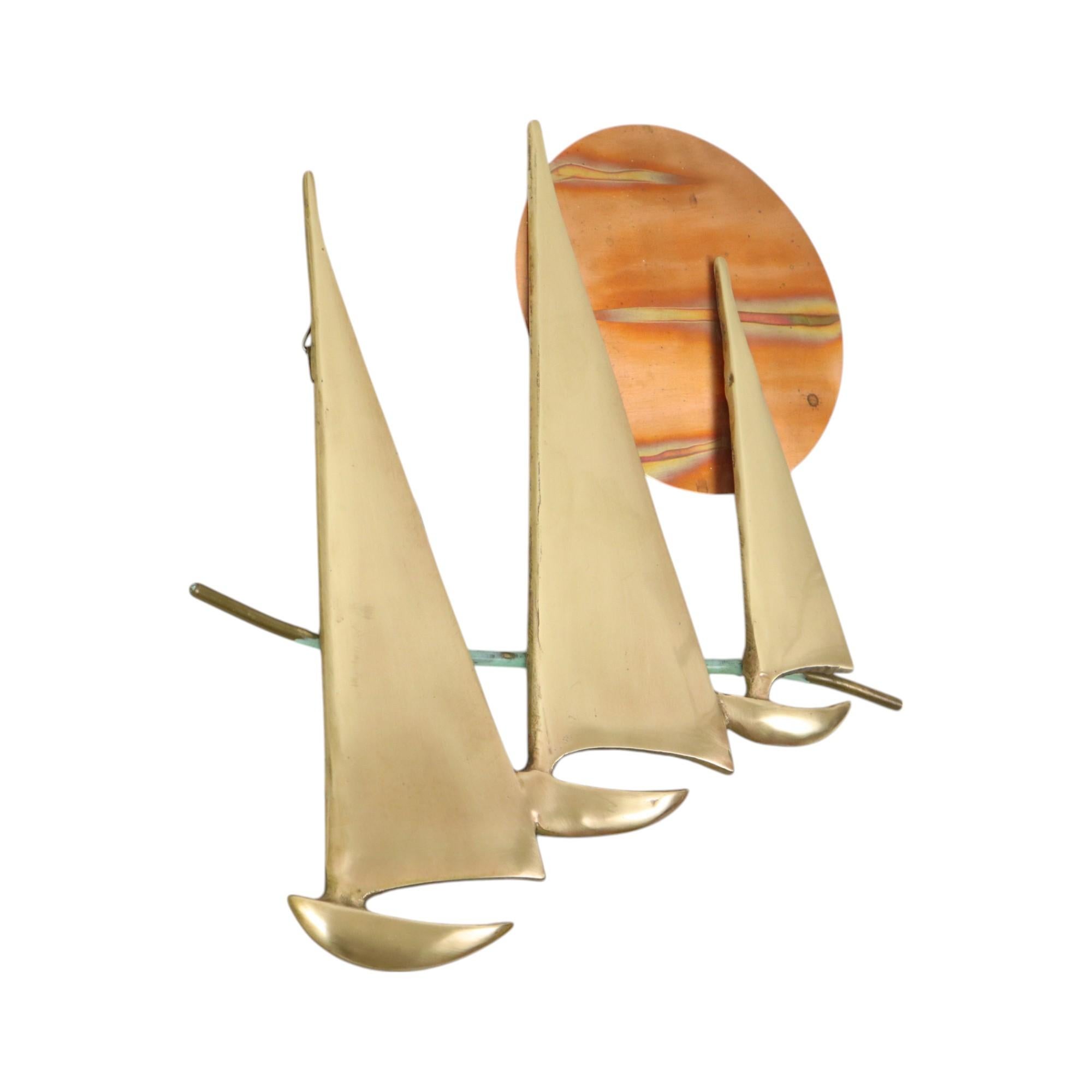 20th Century Mid Century Wall Decoration Boats with Sun Brass and Red Copper For Sale
