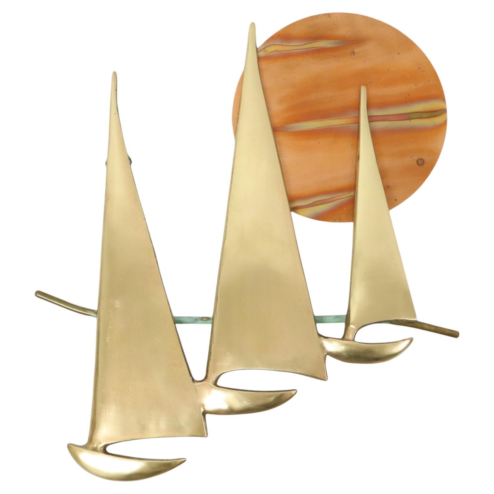 Mid Century Wall Decoration Boats with Sun Brass and Red Copper