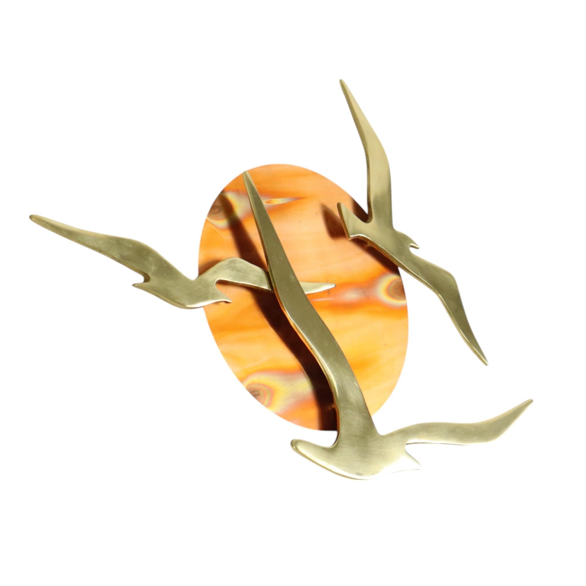 Mid Century Wall Decoration Seagulls Copper Brass Sun Sculpture Bijan In Good Condition For Sale In Poperinge, BE