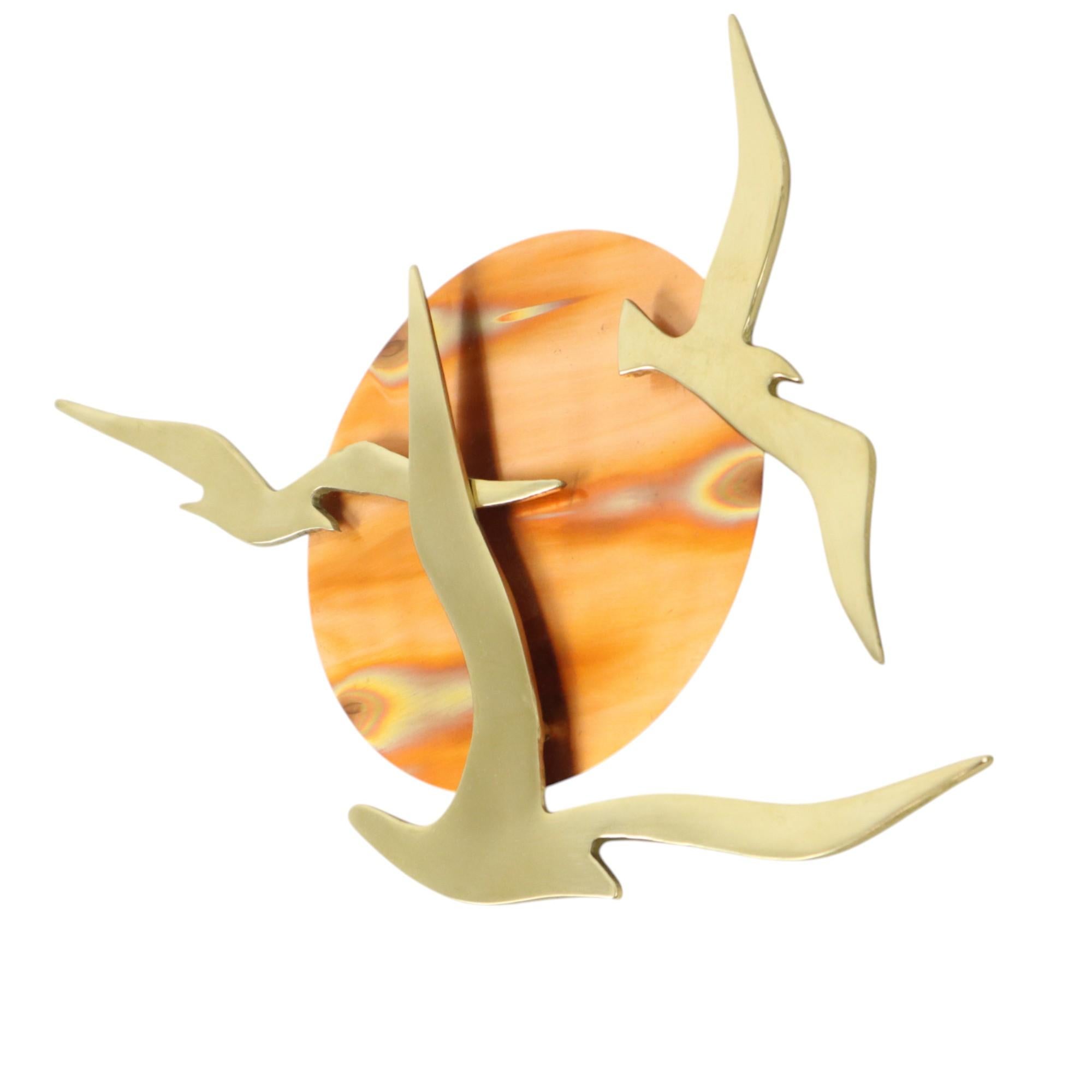 Late 20th Century Mid Century Wall Decoration Seagulls Copper Brass Sun Sculpture Bijan For Sale