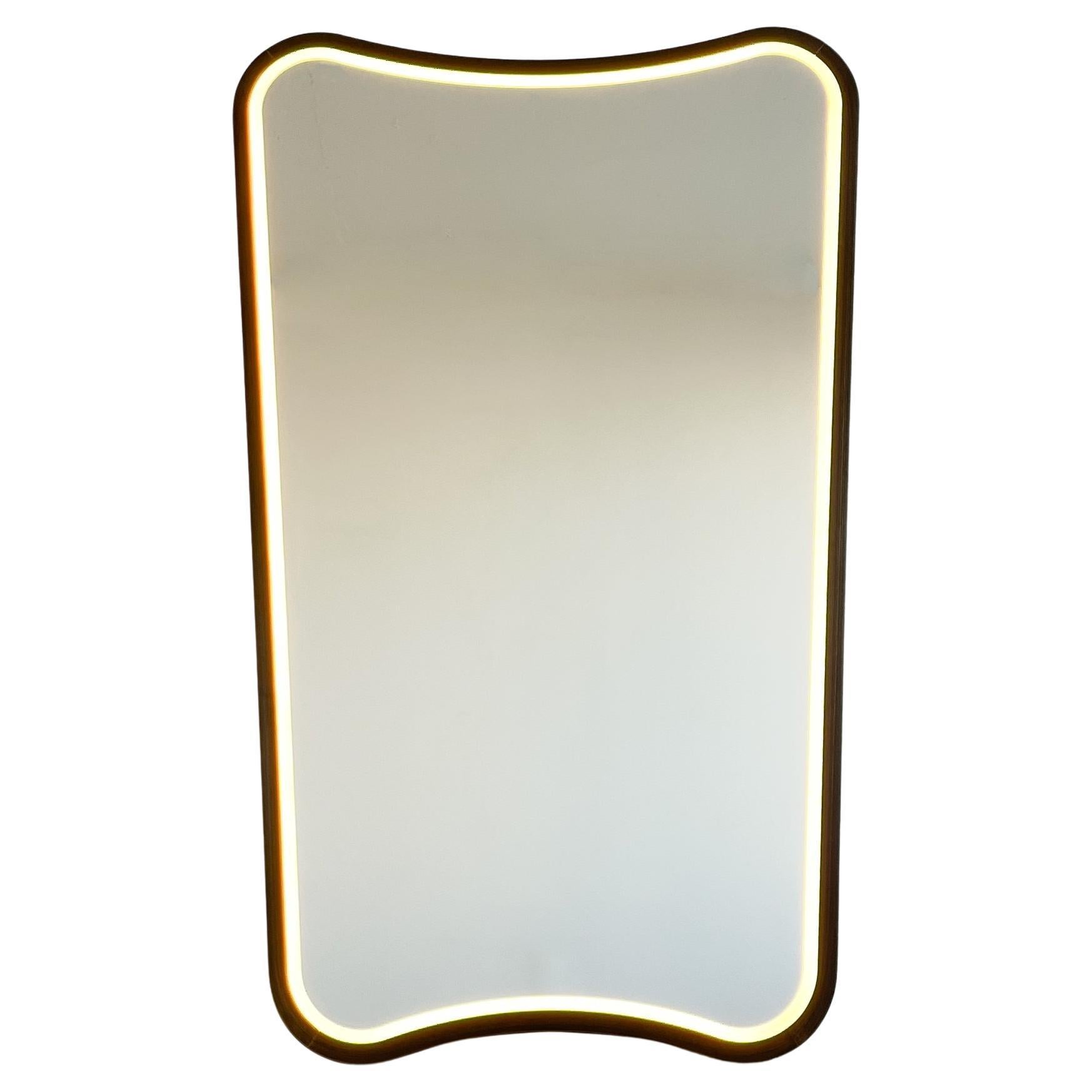 Mid-century Wall-hanging Illuminated Mirror, Bronze Patina Frame, Vintage N.2