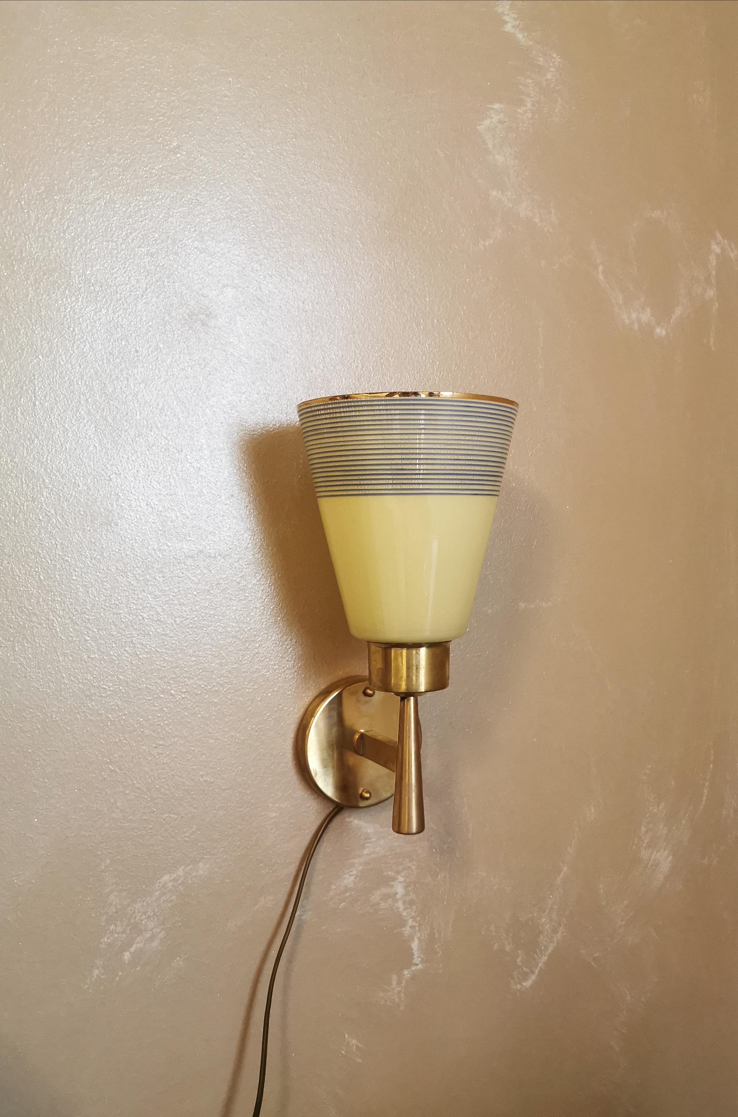 Mid Century Wall Lights Sconces Yellow Crystal Glass Brass Italy 1950s Set of 2 4