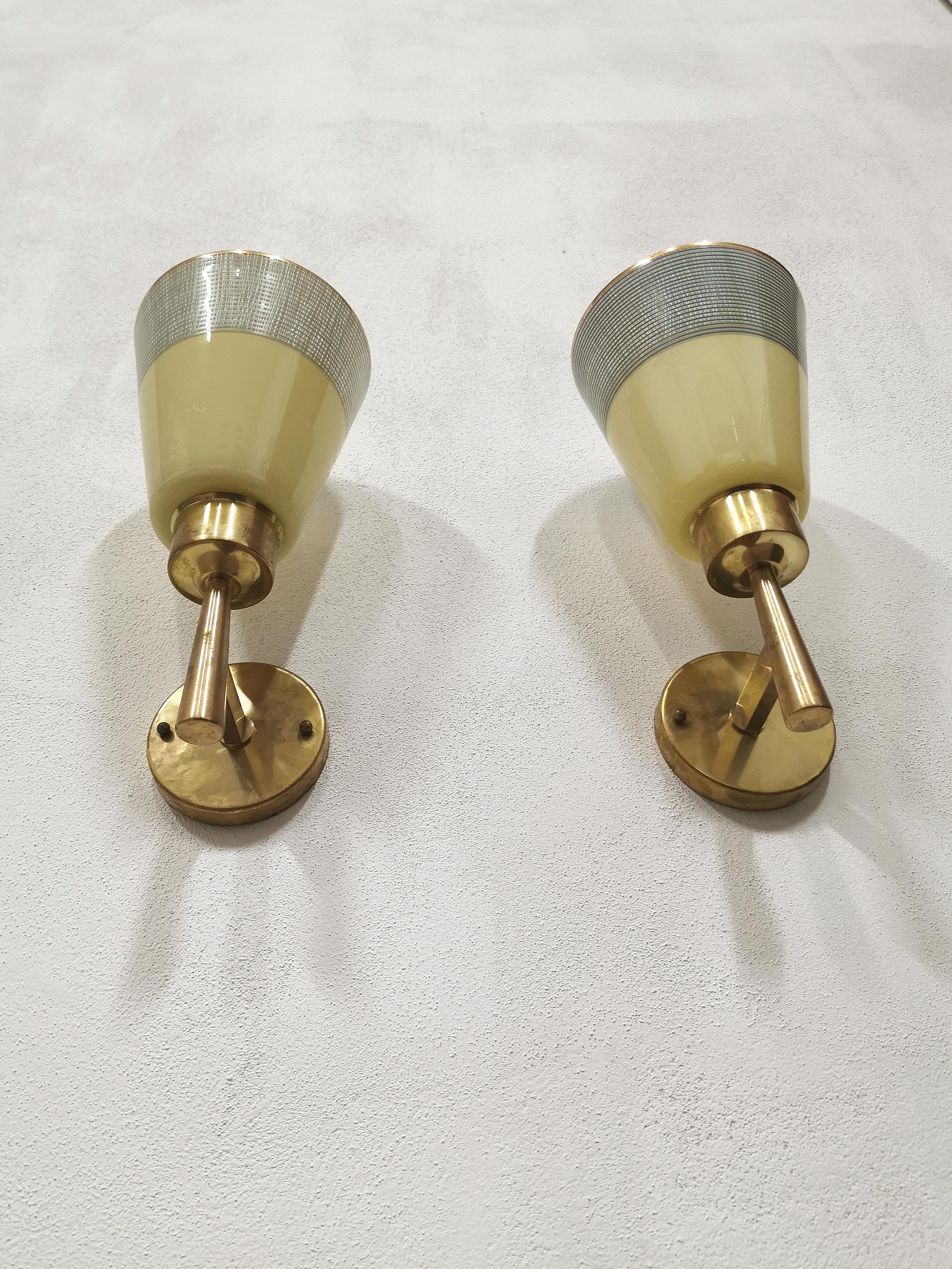20th Century Mid Century Wall Lights Sconces Yellow Crystal Glass Brass Italy 1950s Set of 2