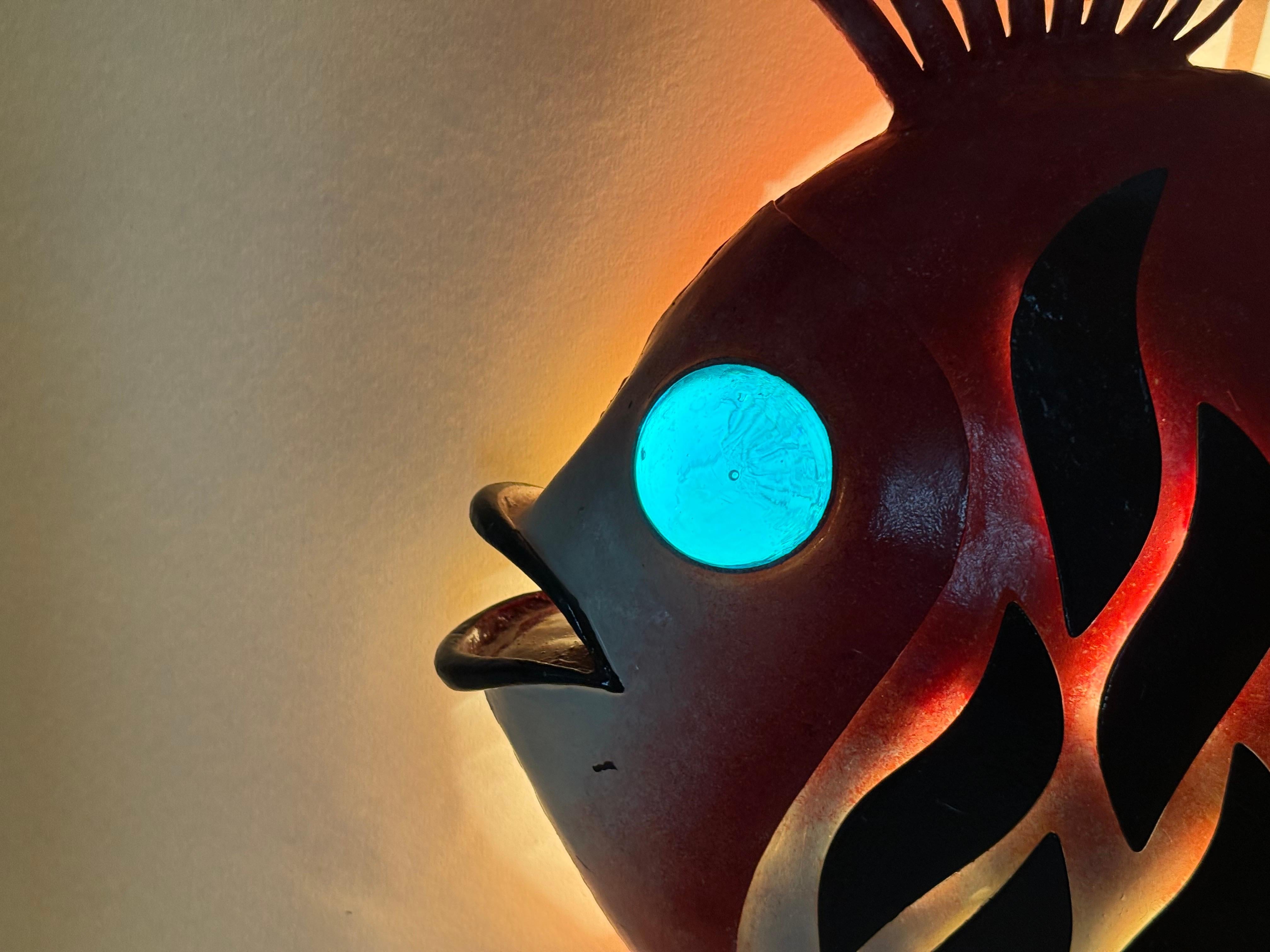 Mid Century Wall Light Artwork Red Fish with Aquamarine Eye For Sale 5