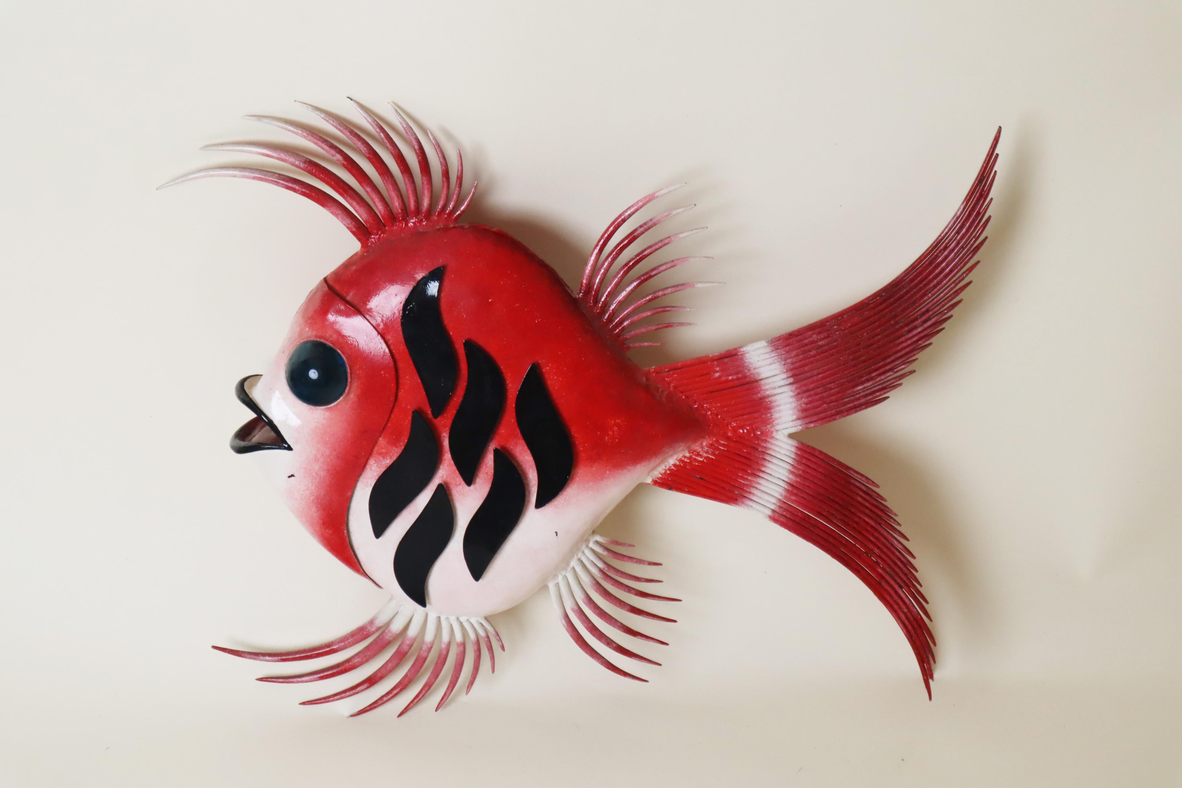 Hand-Crafted Mid Century Wall Light Artwork Red Fish with Aquamarine Eye For Sale