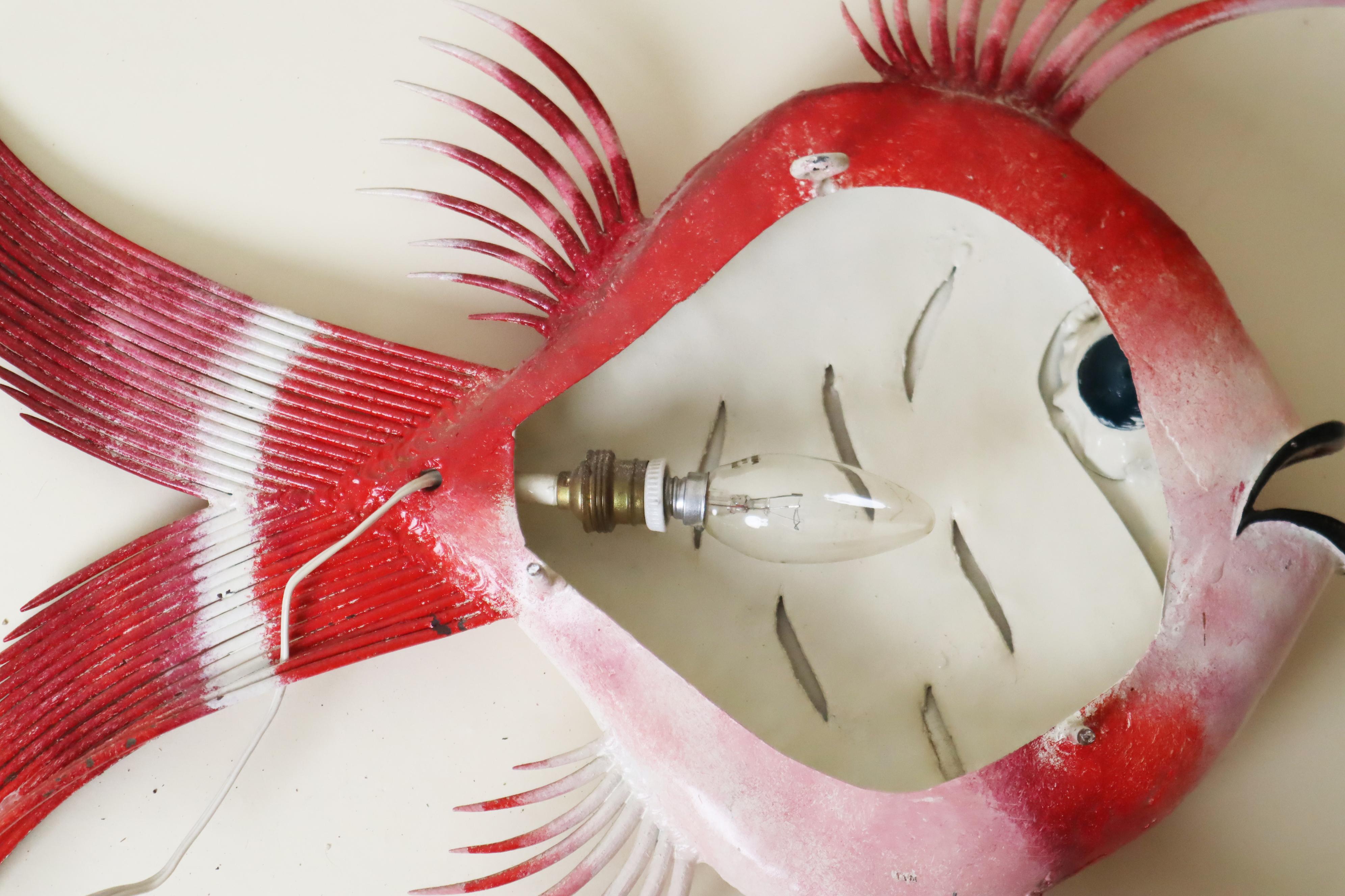 Mid-20th Century Mid Century Wall Light Artwork Red Fish with Aquamarine Eye For Sale