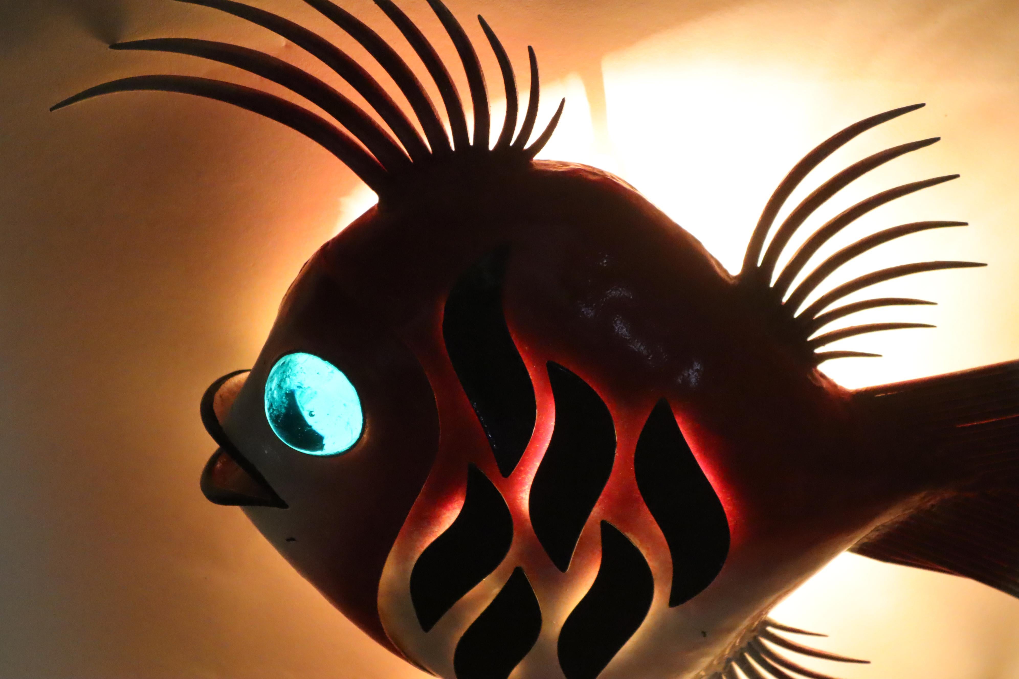 Metal Mid Century Wall Light Artwork Red Fish with Aquamarine Eye For Sale
