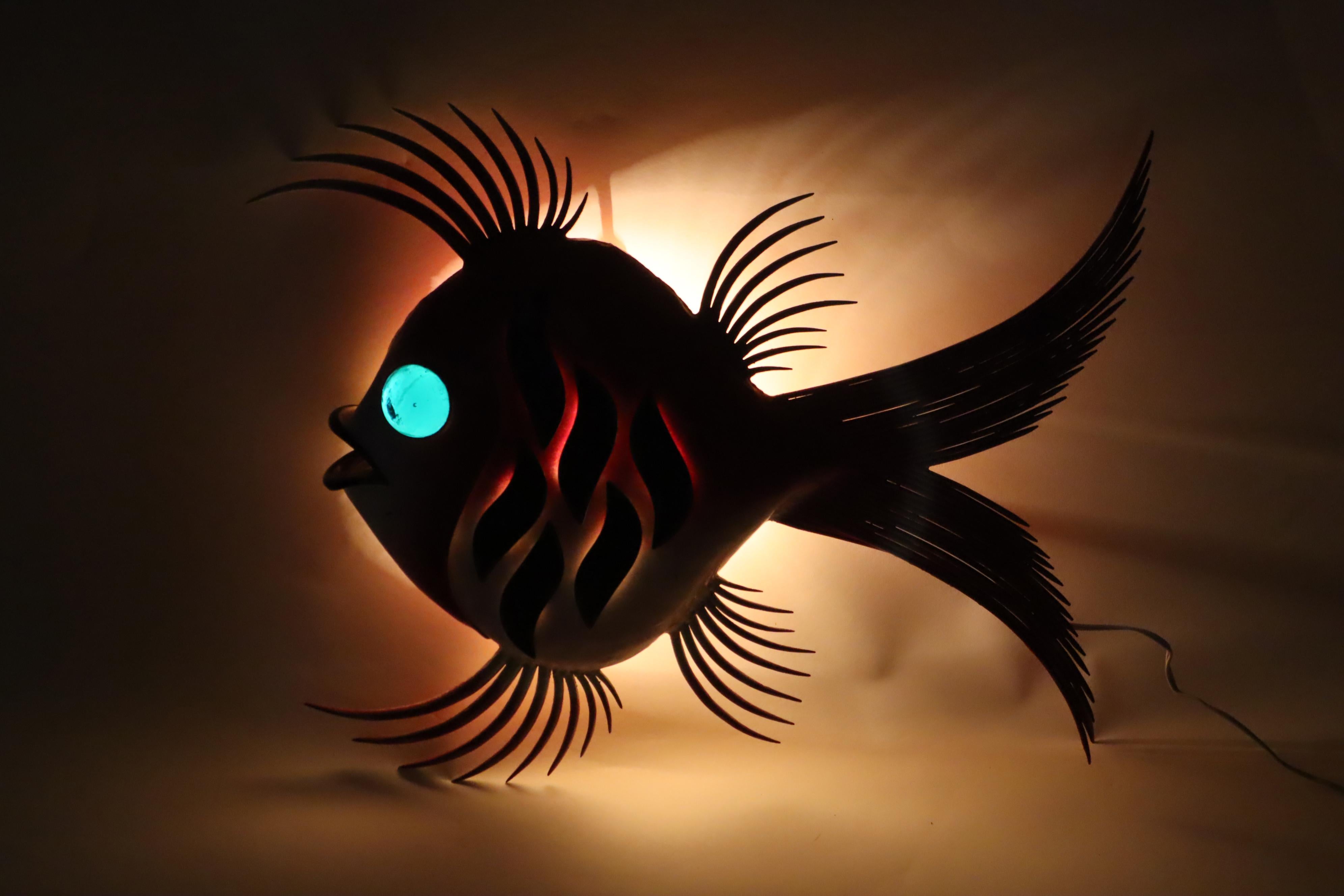 Mid Century Wall Light Artwork Red Fish with Aquamarine Eye For Sale 1