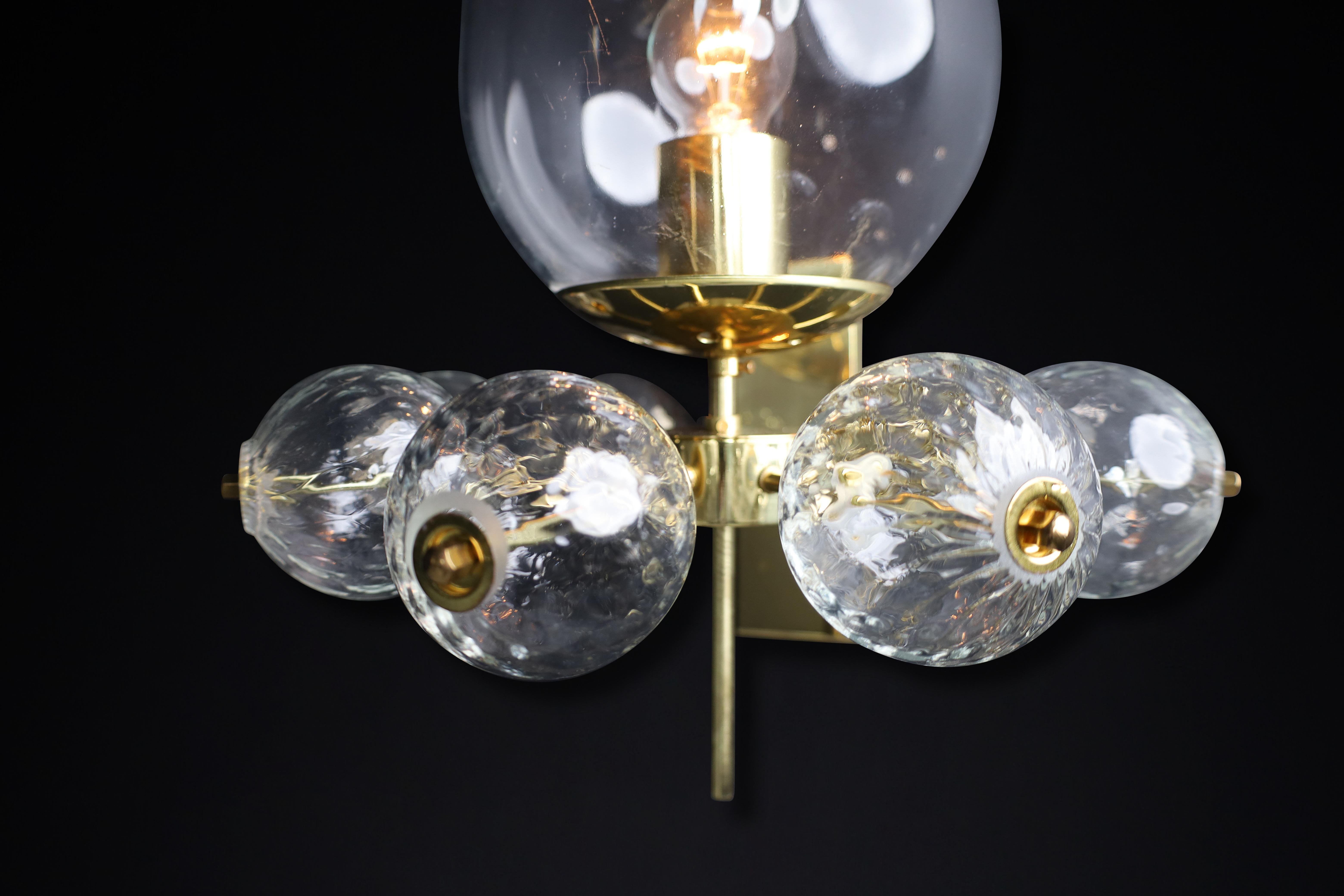 Mid-Century Wall Lights with Brass Fixture & Hand-Blown Glass Globes CZ 1970s For Sale 4
