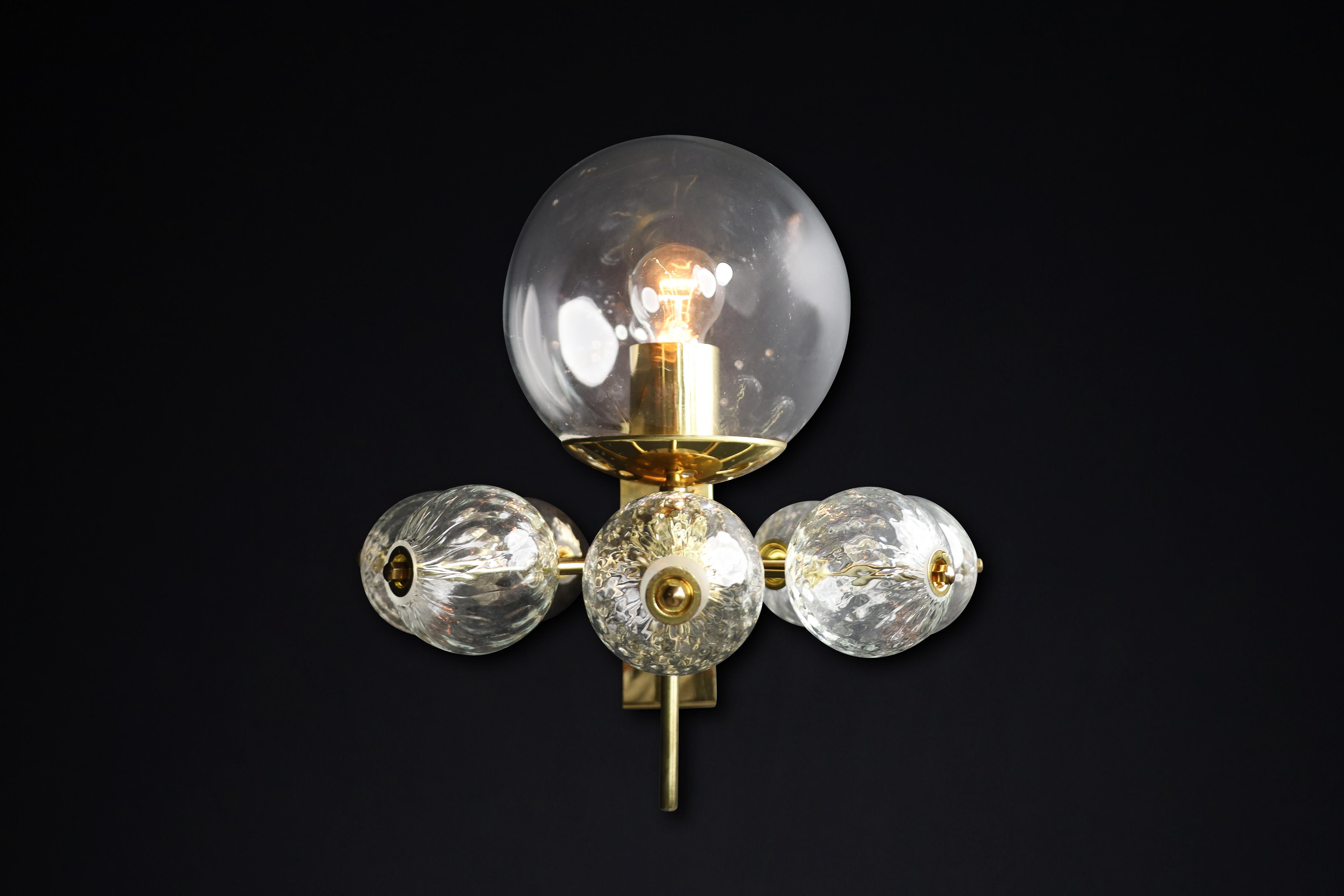 Mid-Century Modern Mid-Century Wall Lights with Brass Fixture & Hand-Blown Glass Globes CZ 1970s For Sale