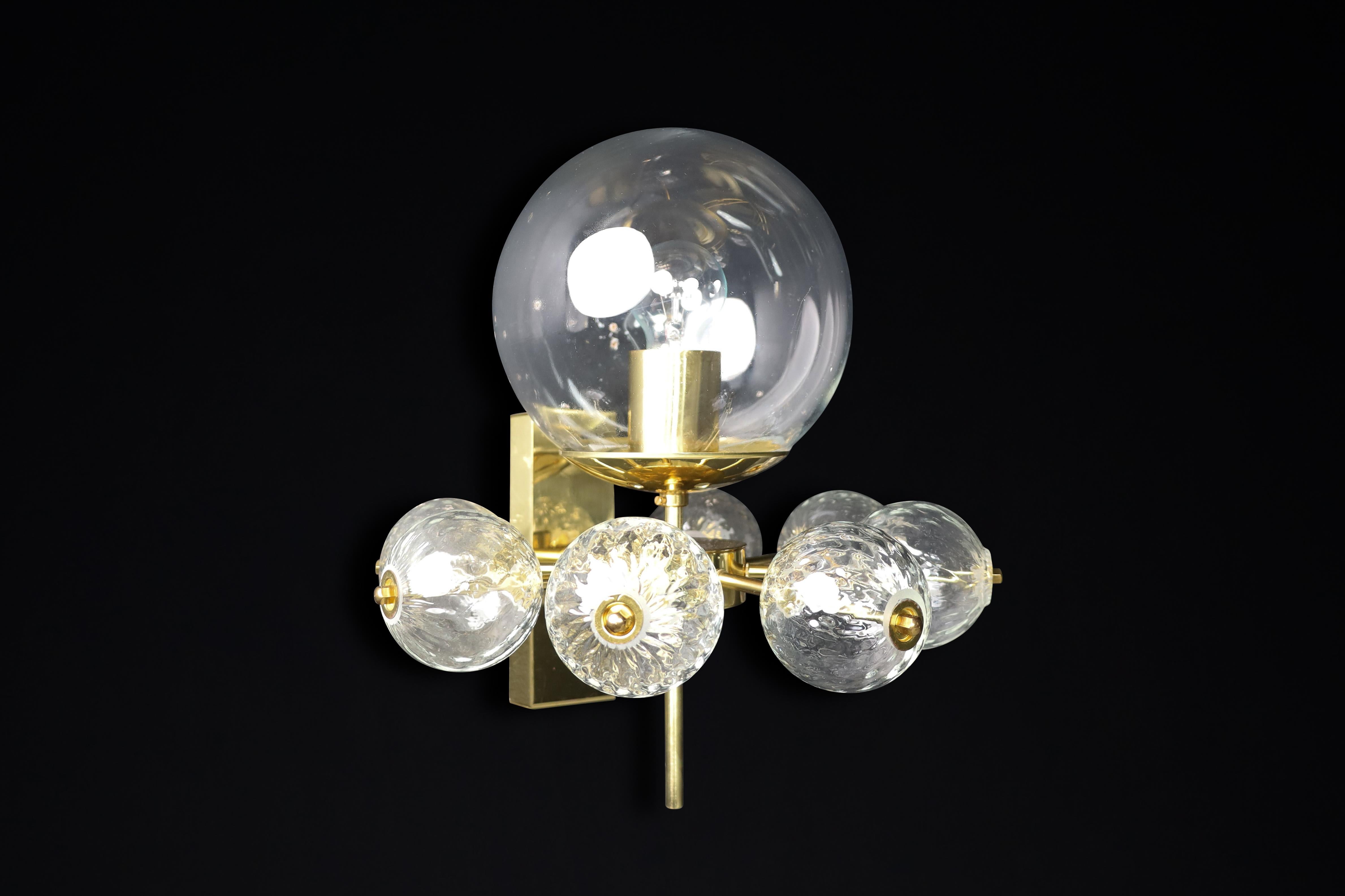 Czech Mid-Century Wall Lights with Brass Fixture & Hand-Blown Glass Globes CZ 1970s For Sale