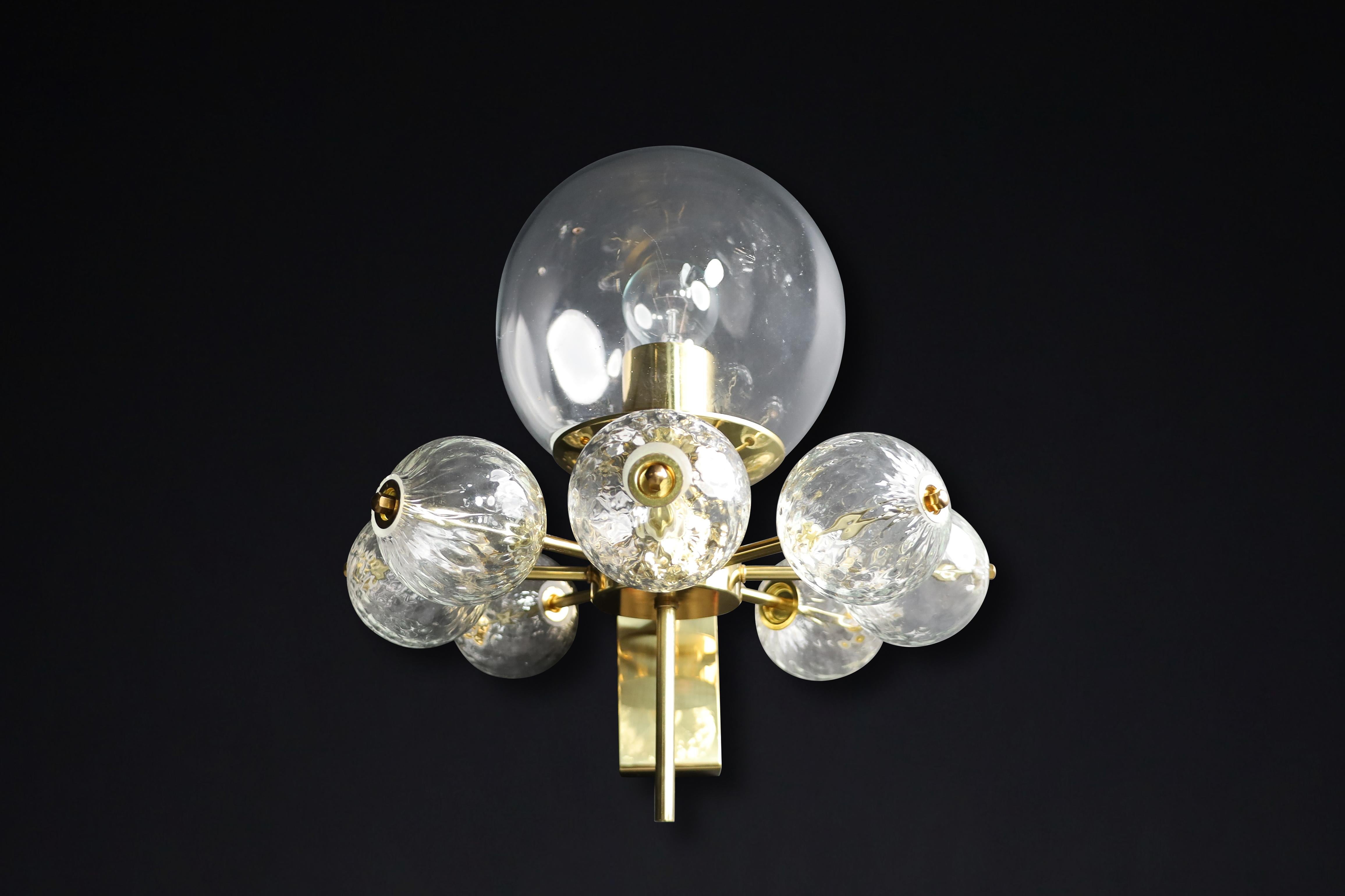 Mid-Century Wall Lights with Brass Fixture & Hand-Blown Glass Globes CZ 1970s In Good Condition For Sale In Almelo, NL