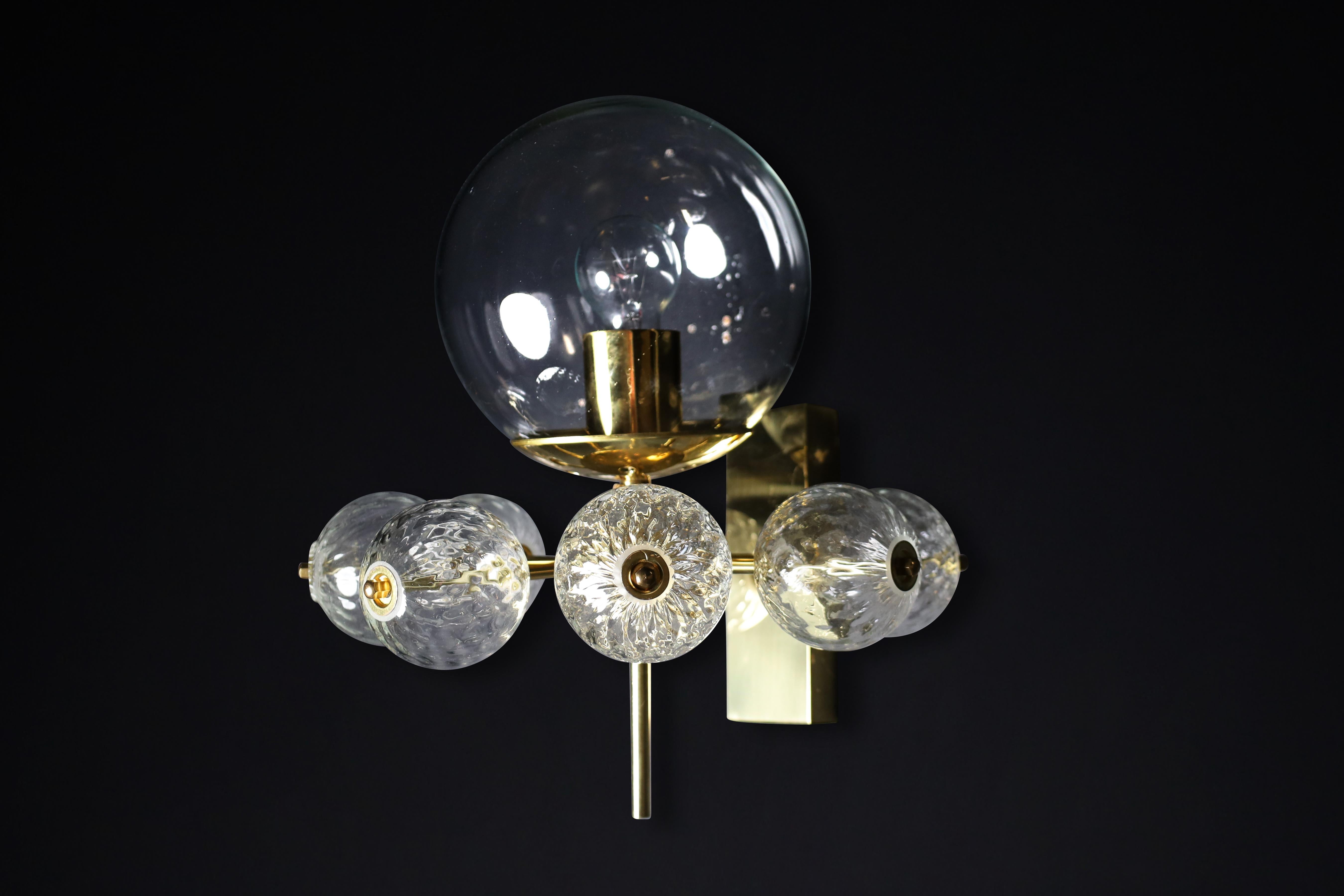 Mid-Century Wall Lights with Brass Fixture & Hand-Blown Glass Globes CZ 1970s For Sale 1