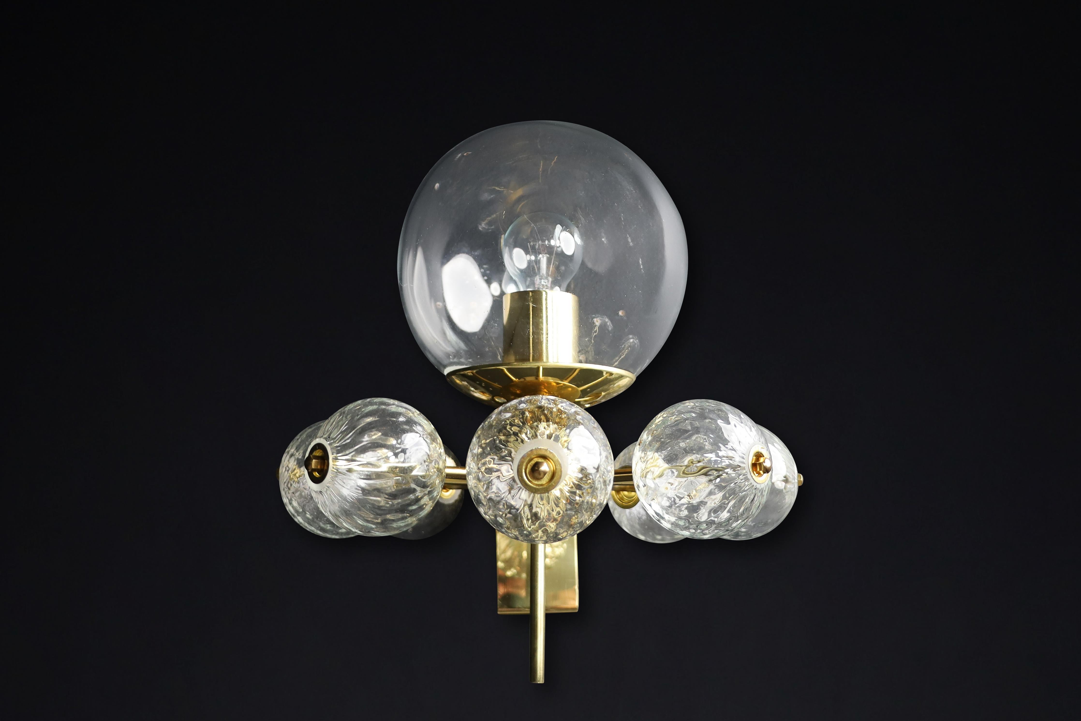 Mid-Century Wall Lights with Brass Fixture & Hand-Blown Glass Globes CZ 1970s For Sale 2