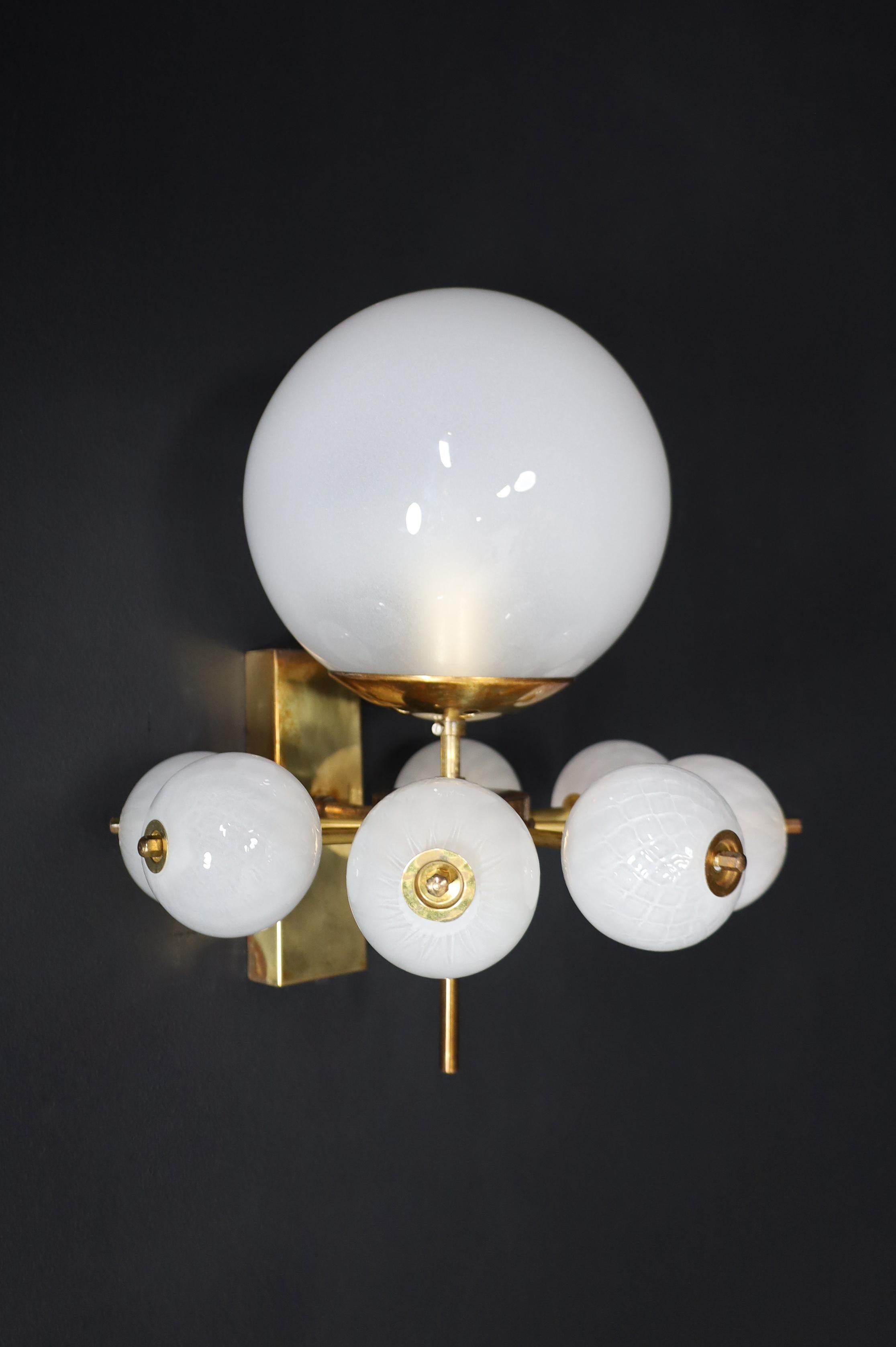Mid-Century Wall Lights with Brass Fixture & Hand-Blown Pearl-White Glass Globes For Sale 3